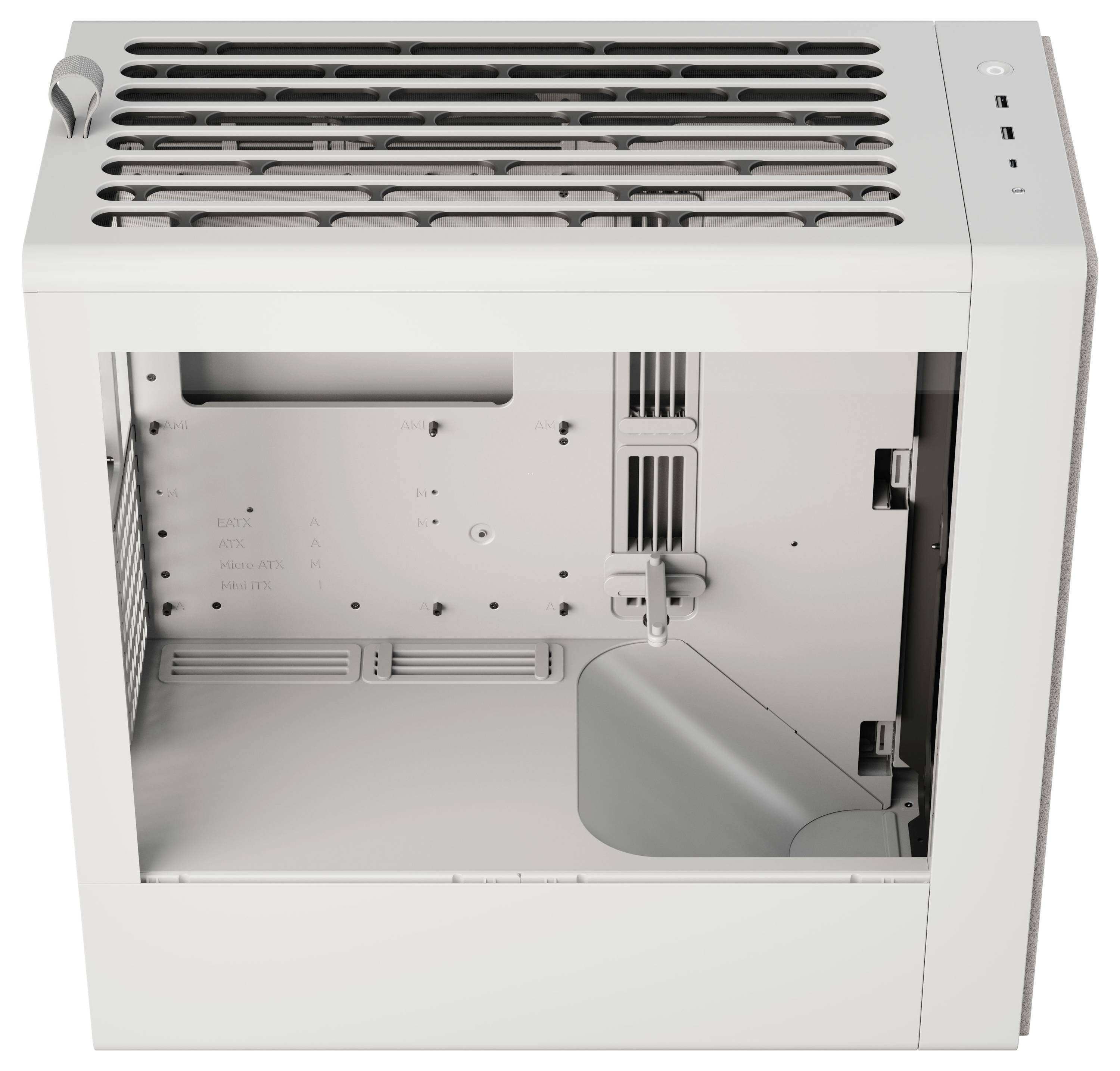 Kleiner, weißer Computergehäuse mit Lüftungsschlitzen auf der Oberseite und abgenommenem Seitenpanel, der ein geräumiges Innenleben für Komponenten offenbart.