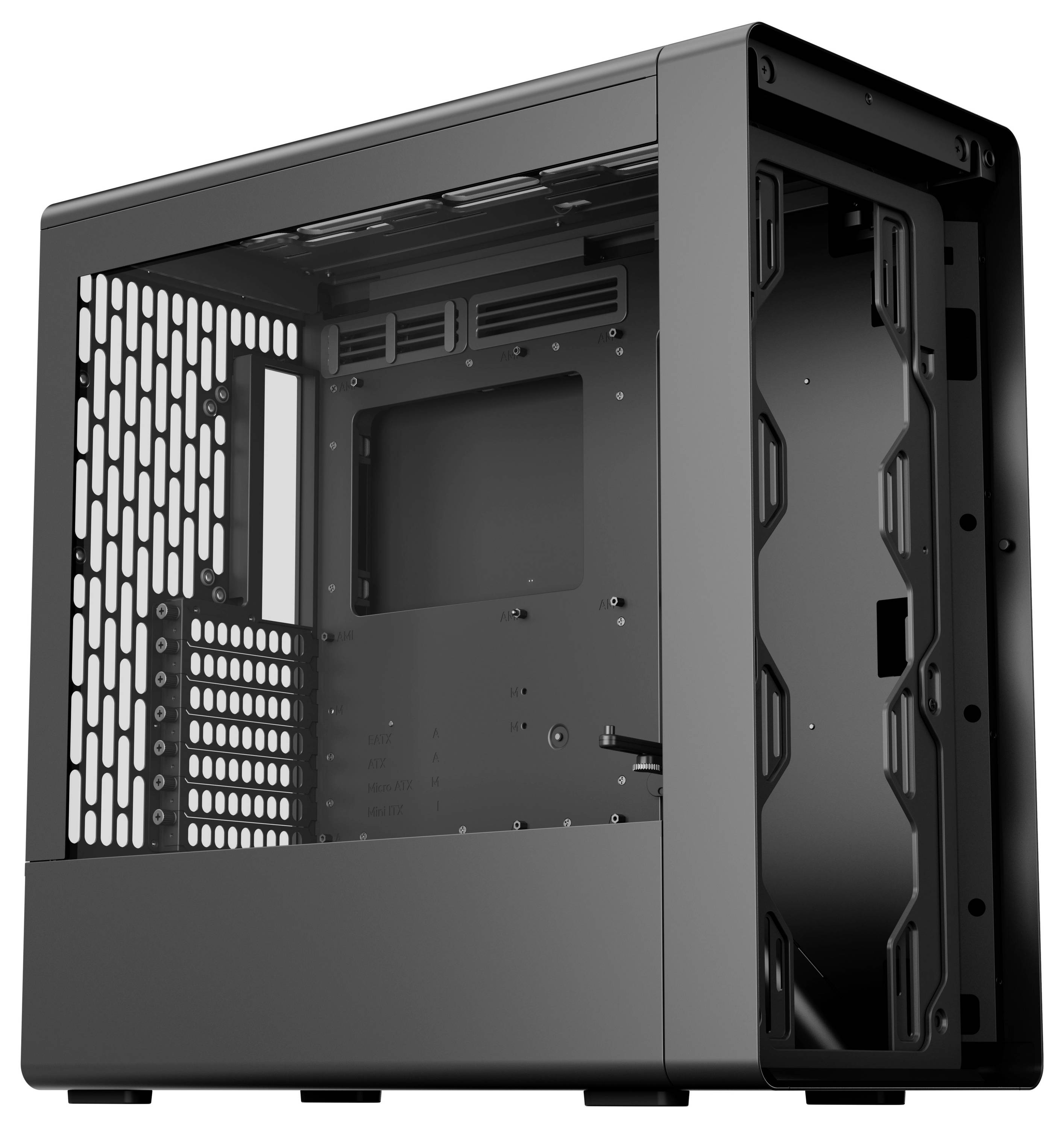 Ein schwarzes Computergehäuse mit einer transparenten Seitenscheibe, das ein leeres Innenleben und eine offene Front zeigt, entwickelt zum Präsentieren von internen Komponenten.