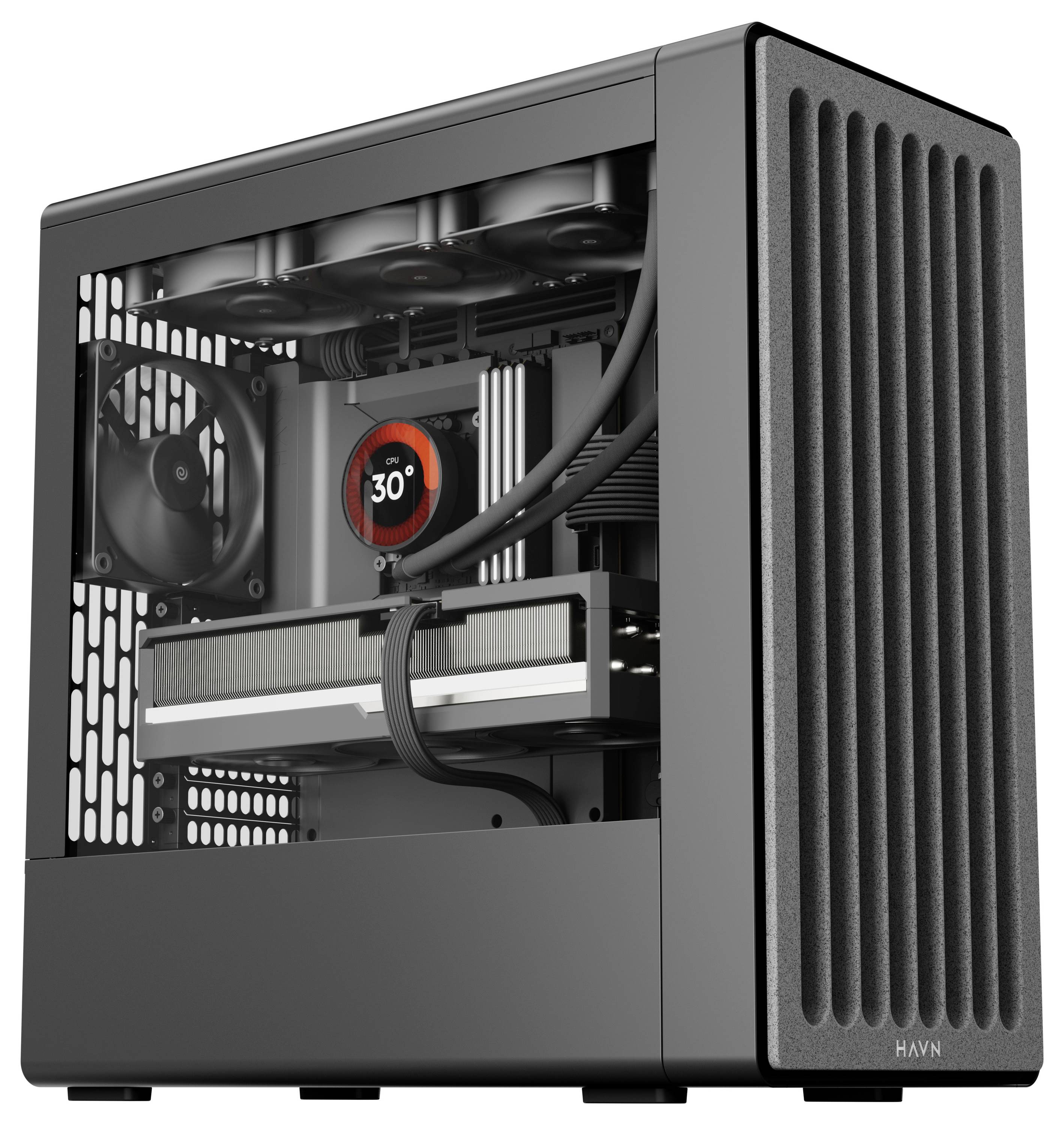 Ein Computertower mit einer transparenten Seitenscheibe, die Innenkomponenten zeigt, darunter ein Lüfter und ein Temperaturanzeiger, der 