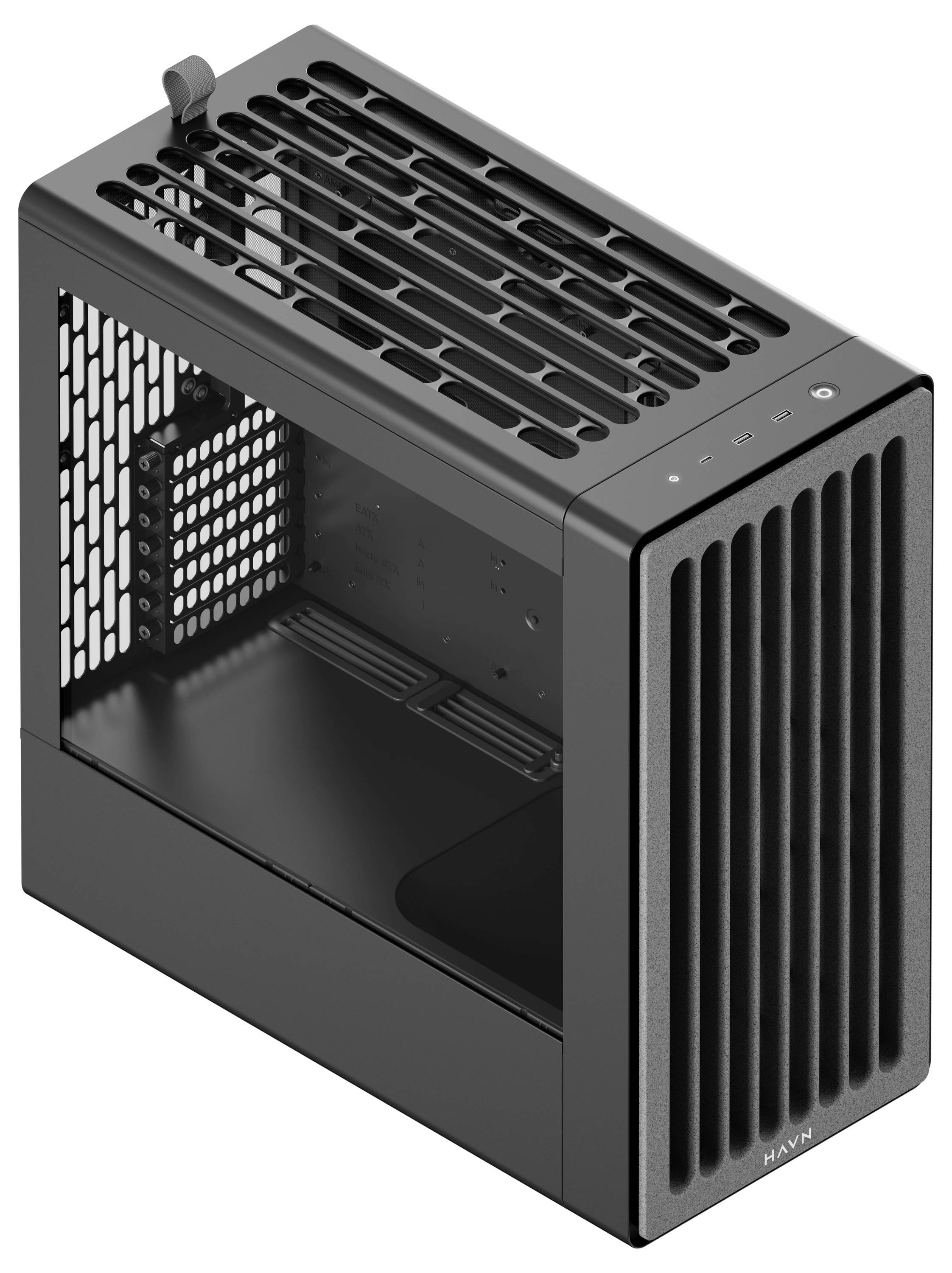 Ein schlankes, schwarzes Computergehäuse mit seitlichen Lüftungsgittern und einem transparenten Seitenpanel, das für optimale Luftzirkulation und moderne Ästhetik konzipiert ist.