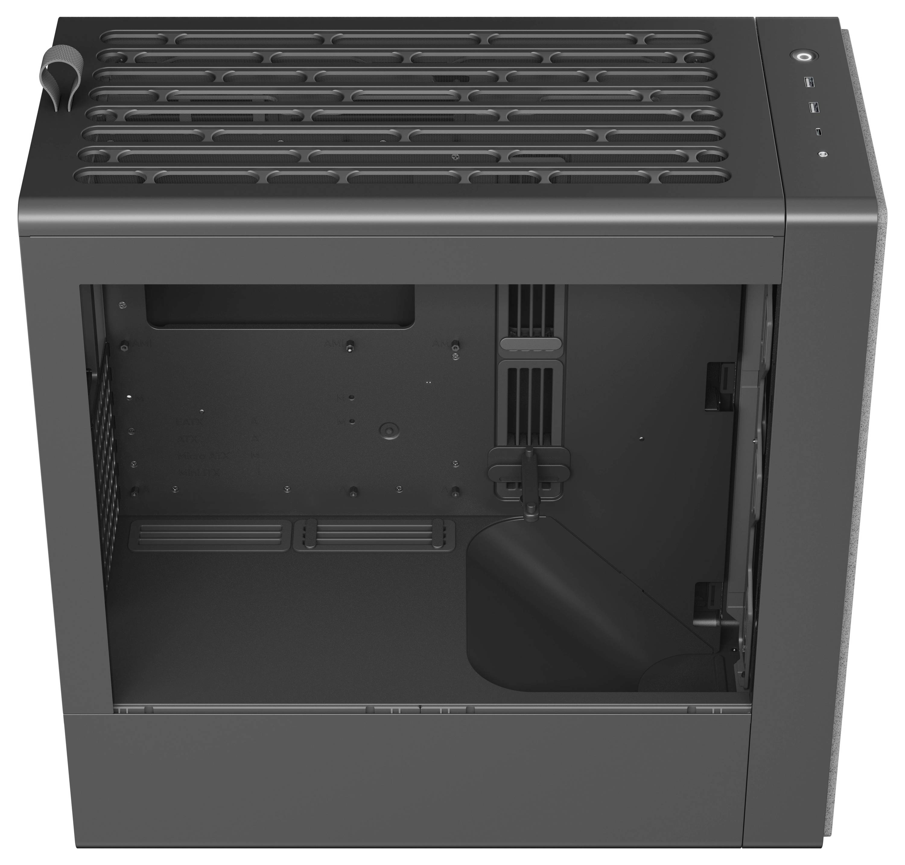 Ein offenes, leeres schwarzes Computergehäuse, von oben betrachtet, mit Steckplätzen für Komponenten und Lüftungsgittern auf der Oberseite.