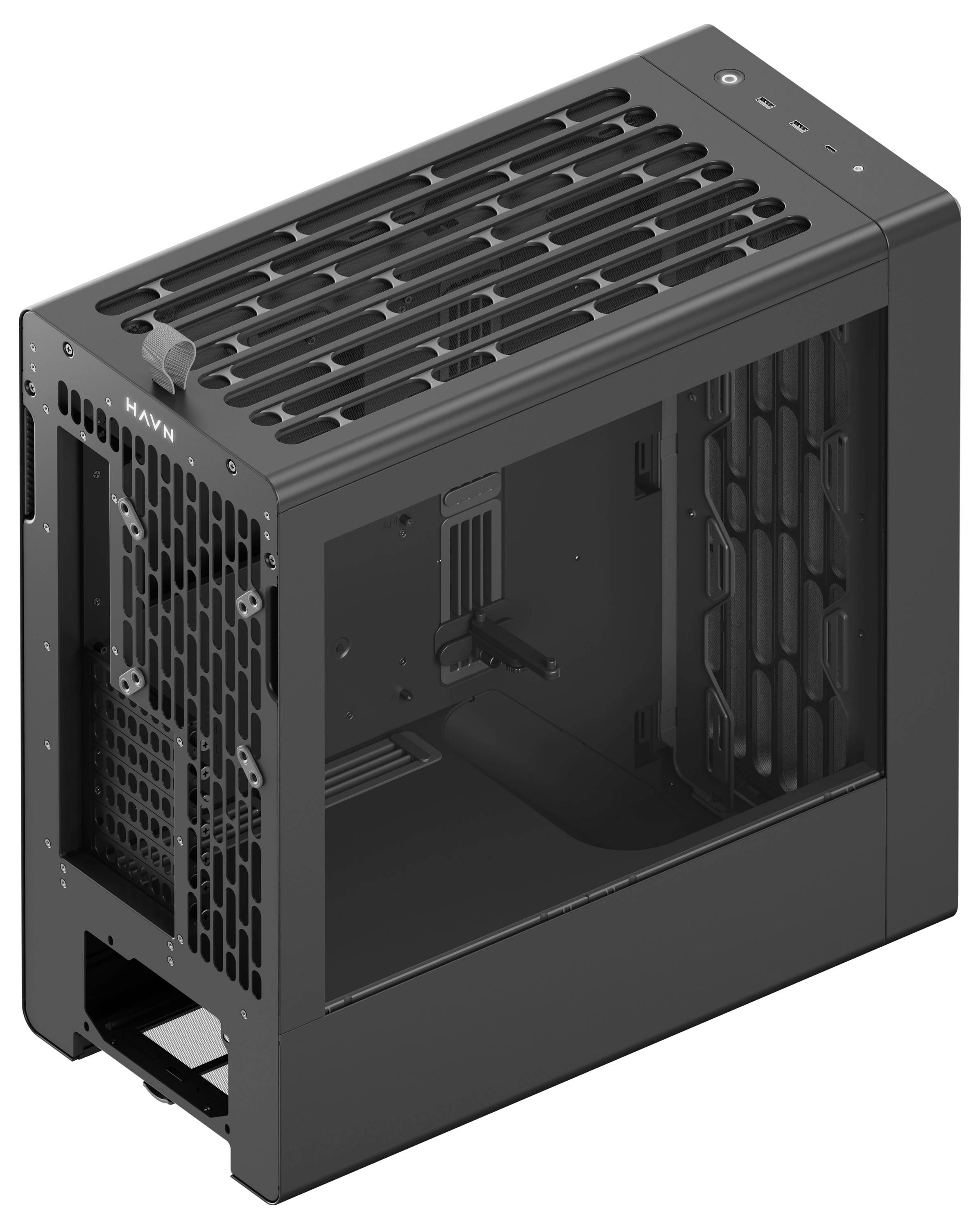 Ein schwarzes, rechteckiges Computergehäuse mit Netzoberfläche auf der Oberseite, Front-Belüftungspanel und seitlichem Sichtfenster, das das Innenleben sichtbar macht.