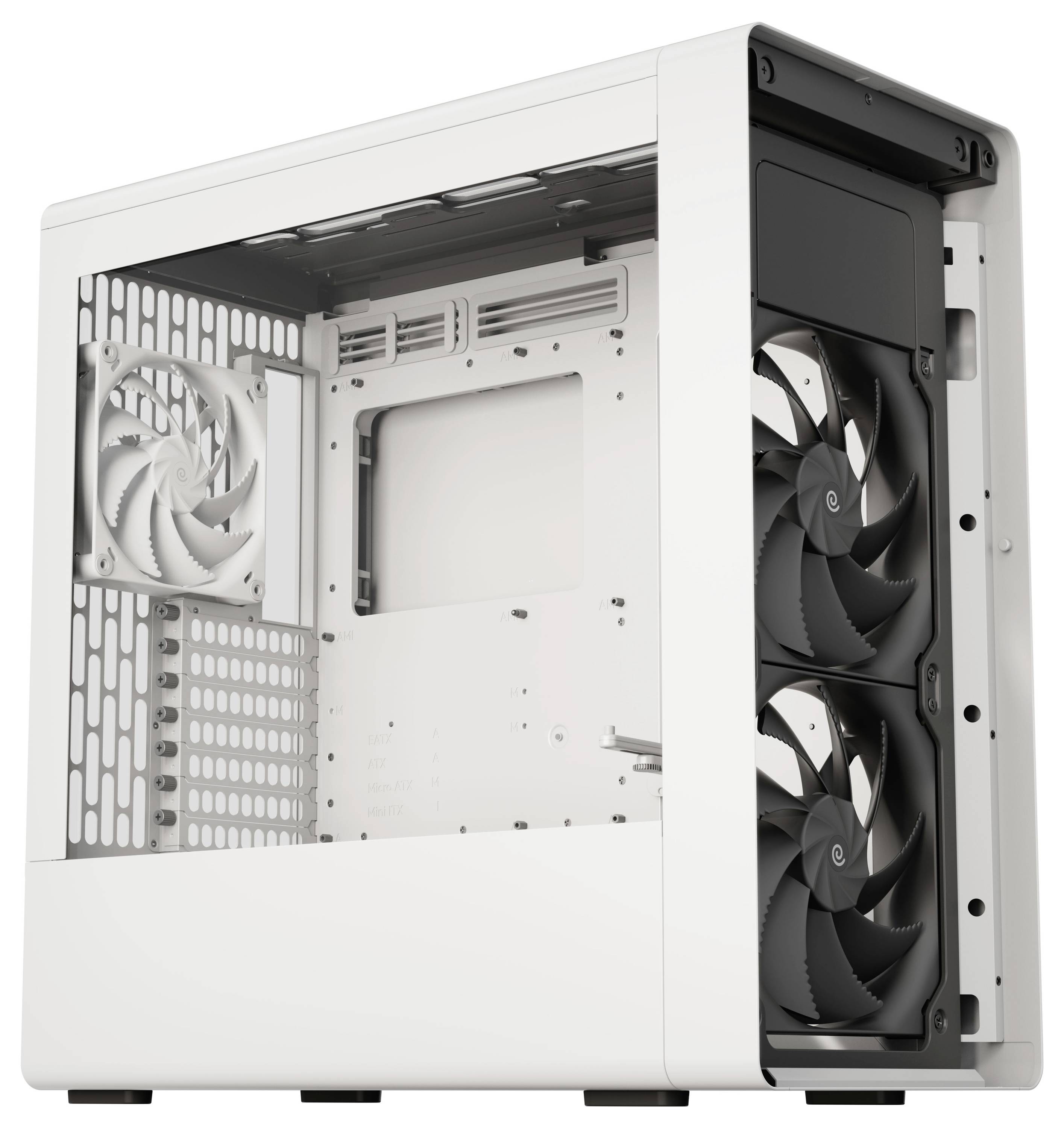 Ein weißes Computergehäuse mit drei sichtbaren Kühlventilatoren und einer offenen Seitenblende, die Platz für Komponenten und Kabelmanagement freigibt.