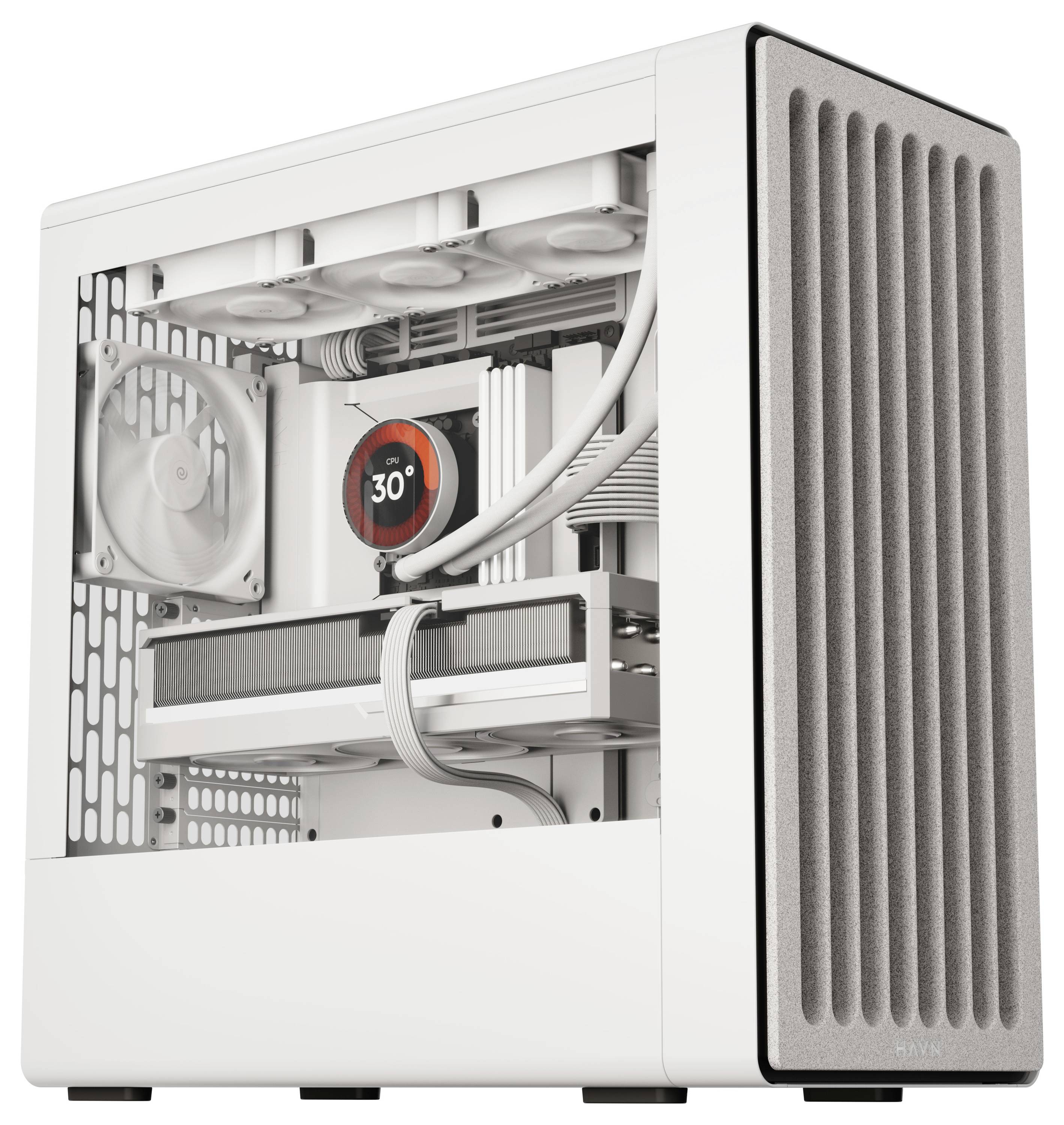 Ein schlanker, moderner weißer Computertower mit sichtbaren Kühlventilatoren und einer digitalen Temperaturanzeige, die '30°' anzeigt.