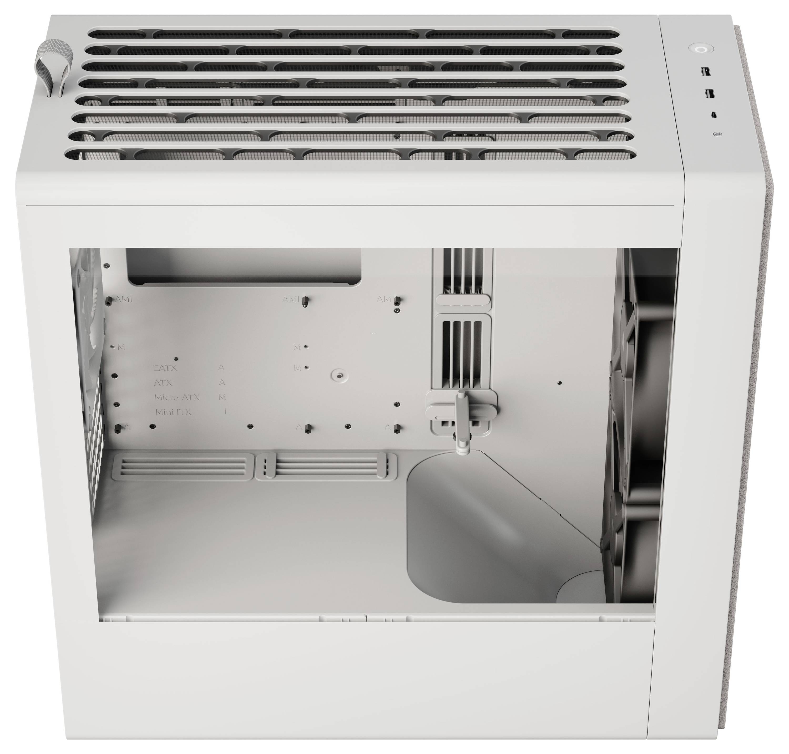 Ein weißes, leeres Computergehäuse von oben betrachtet, mit seitlichen Lüftungsschlitzen und Platz für Komponenten im Inneren.