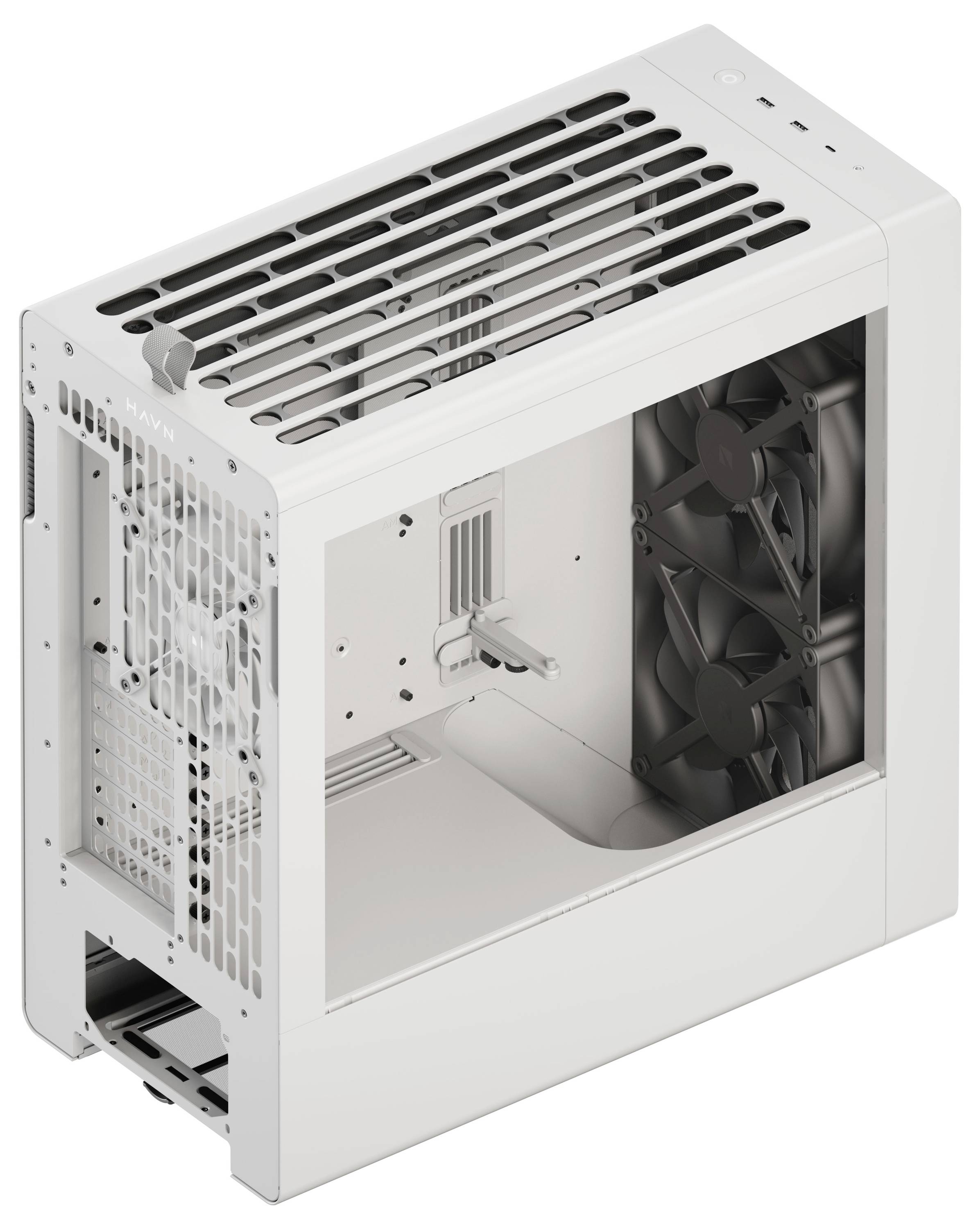 Ein schlankes, weißes Computergehäuse mit belüfteter Ober- und Frontseite. Es verfügt über mehrere Lüftungsschlitze und ein transparentes Seitenpanel zum Betrachten der Komponenten.