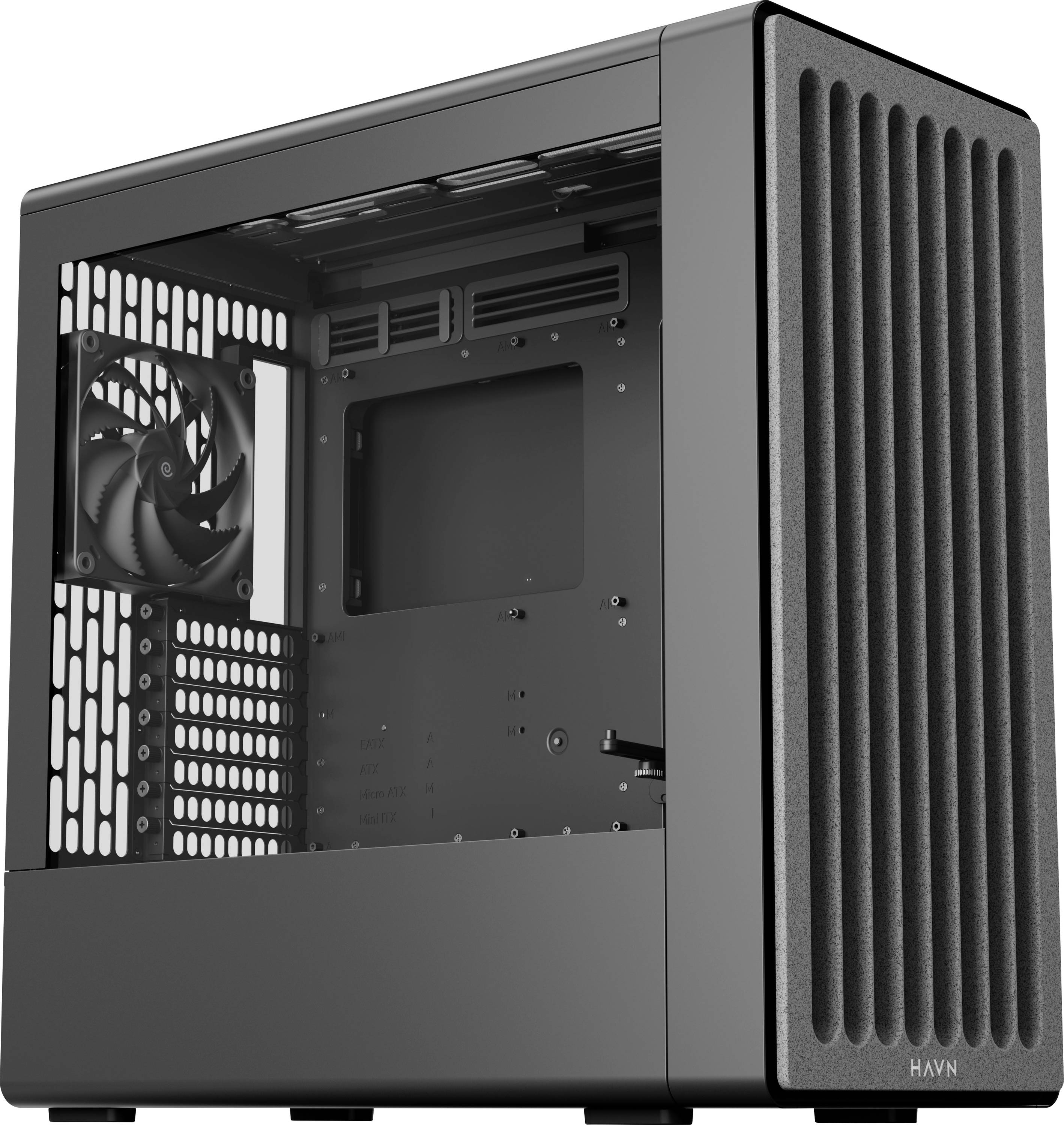 Ein schlankes, modernes Computer-Tower-Gehäuse mit Seitenfenster und vorderen Lüftungsöffnungen, designed für optimale Luftzirkulation und visuelle Ästhetik.