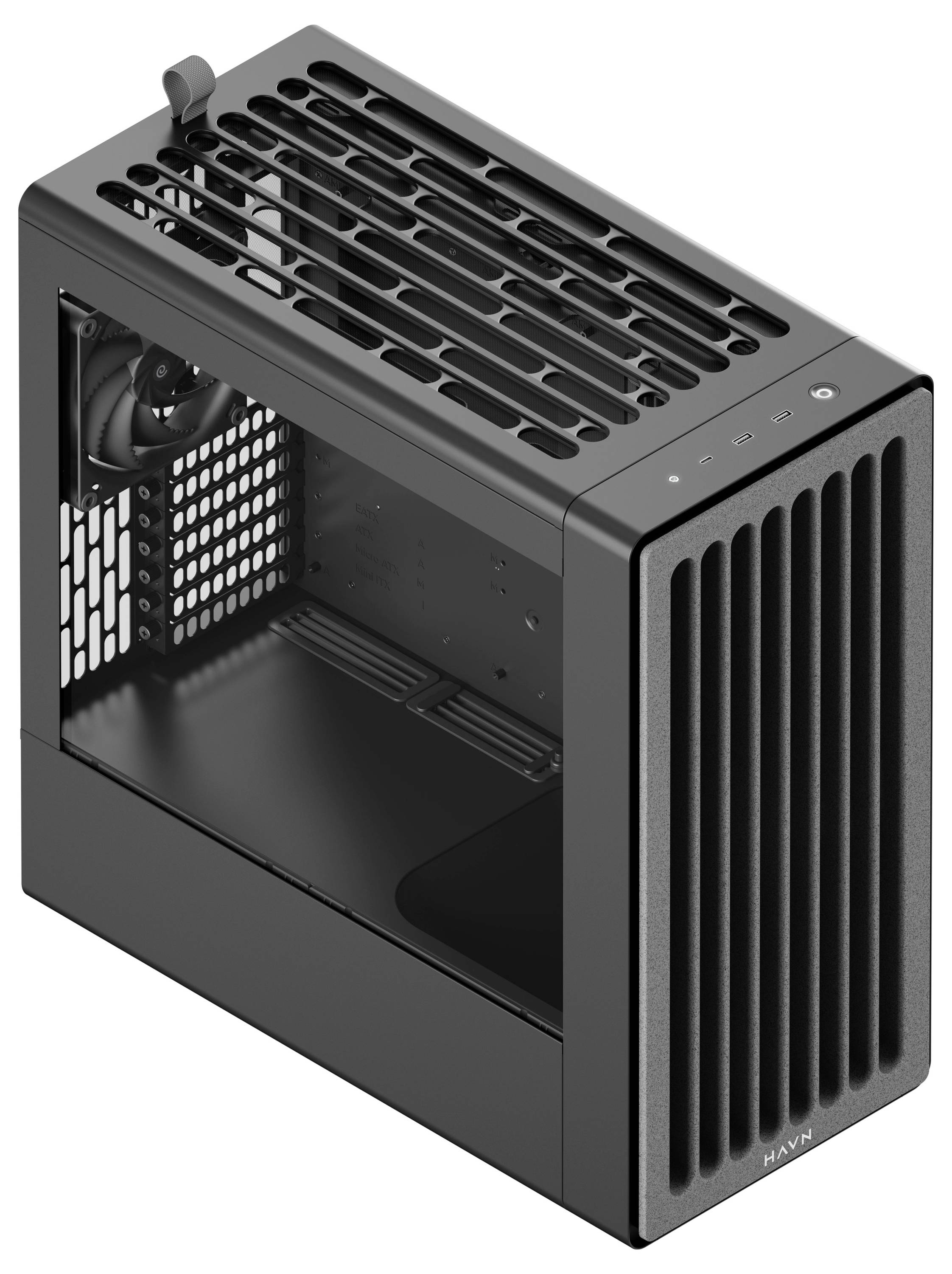 Ein schwarzes, kompaktes PC-Gehäuse mit Netzbelüftung auf Ober- und Vorderseite. Offene Innenansicht zeigt Anschlüsse und Platz für Komponenten im Inneren.