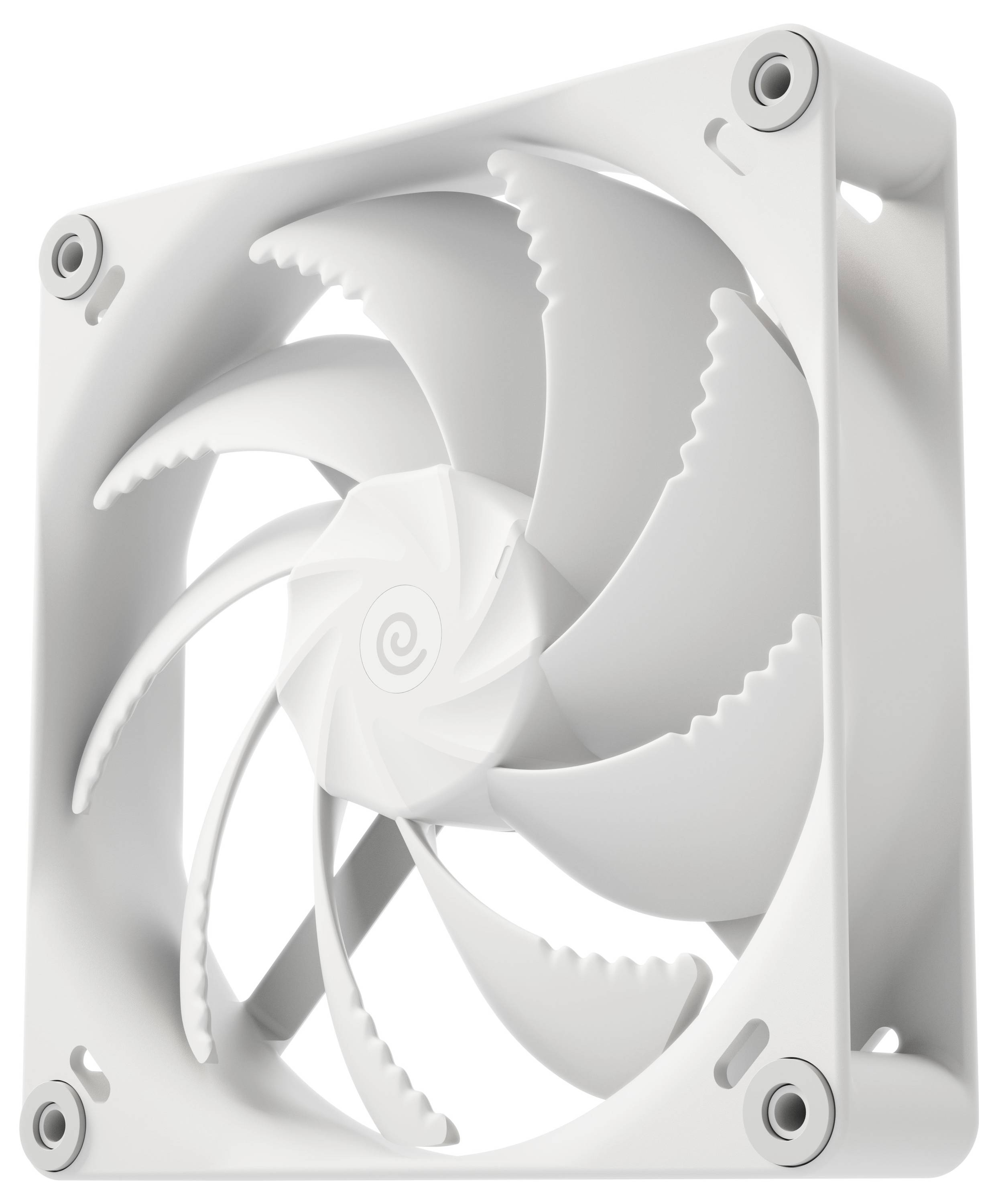 Ein weißer Computerkühllüfter mit quadratischem Rahmen und Spiralschaufeldesign, von vorne betrachtet, vor einem weißen Hintergrund.