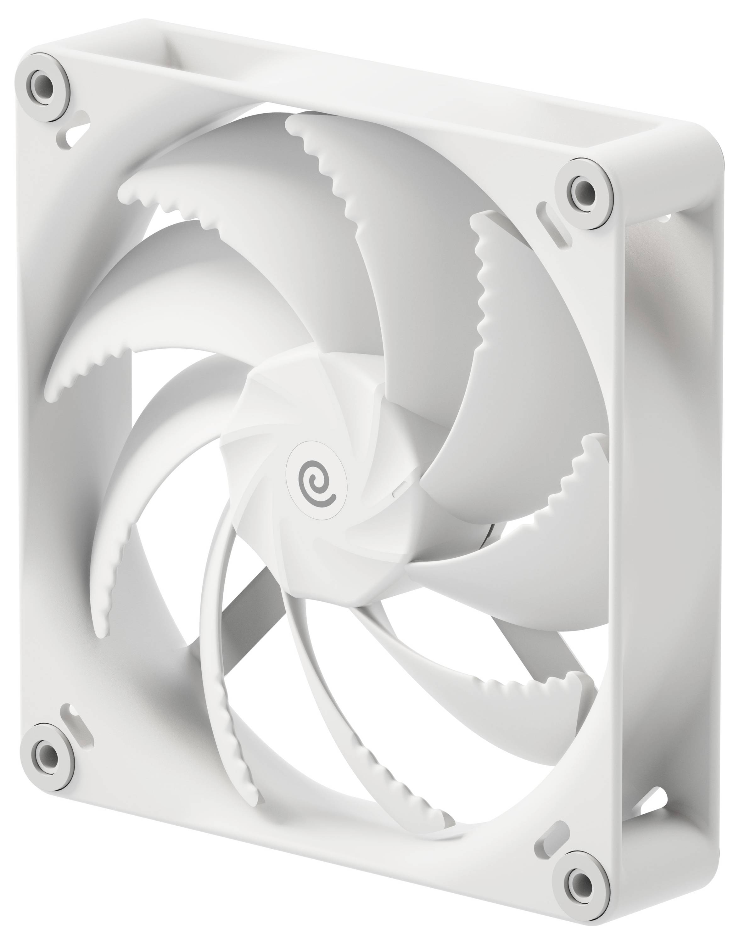 Ein weißer Computer-Kühlventilator mit einer Spiralflügelgestaltung, untergebracht in einem quadratischen Rahmen mit vier Schraublöchern zur Befestigung.