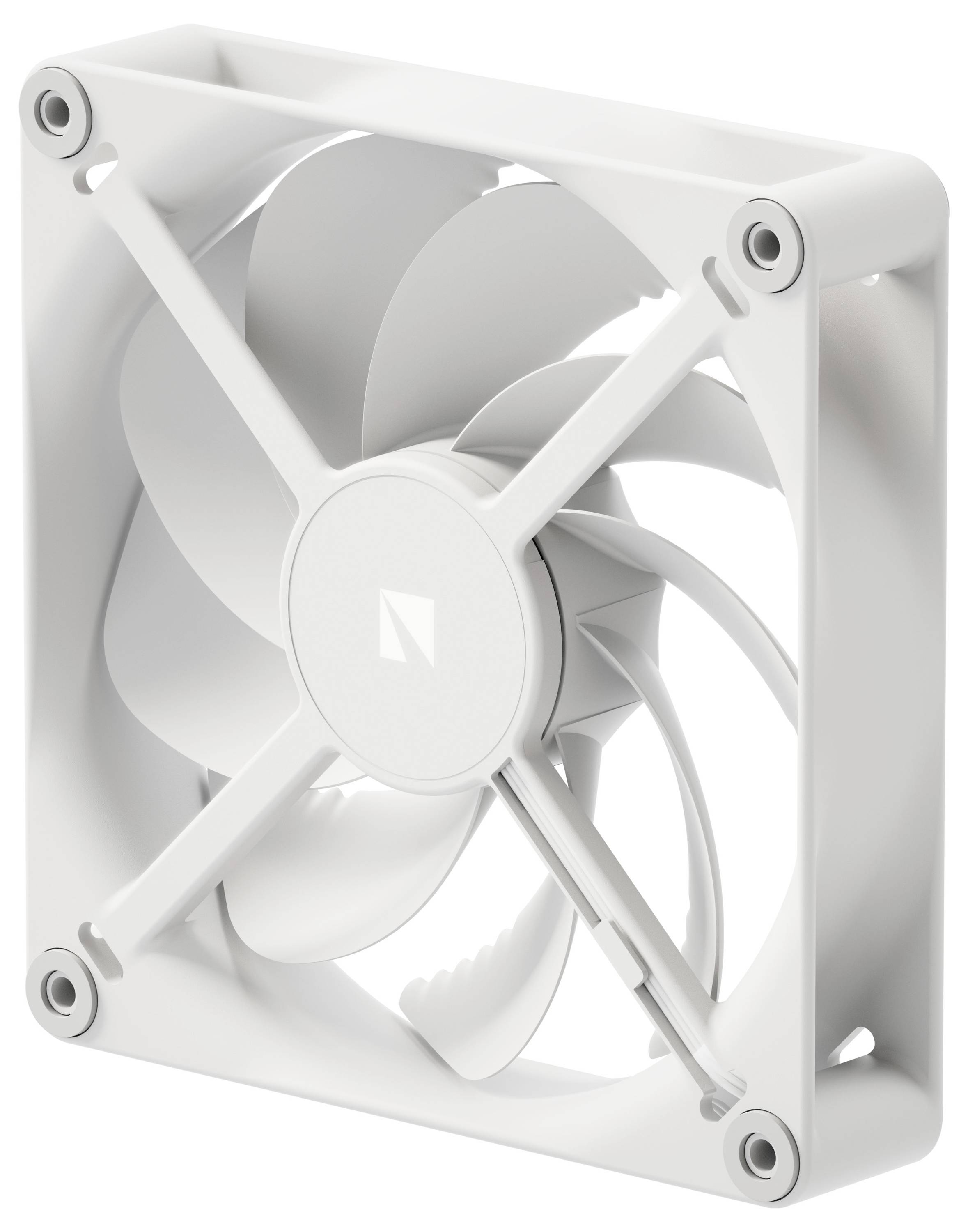 Ein weißer Computer-Kühlventilator mit mehreren Rotorblättern und einem quadratischen Rahmen, der runde Eckbefestigungen zum Einbau in ein Gehäuse aufweist.