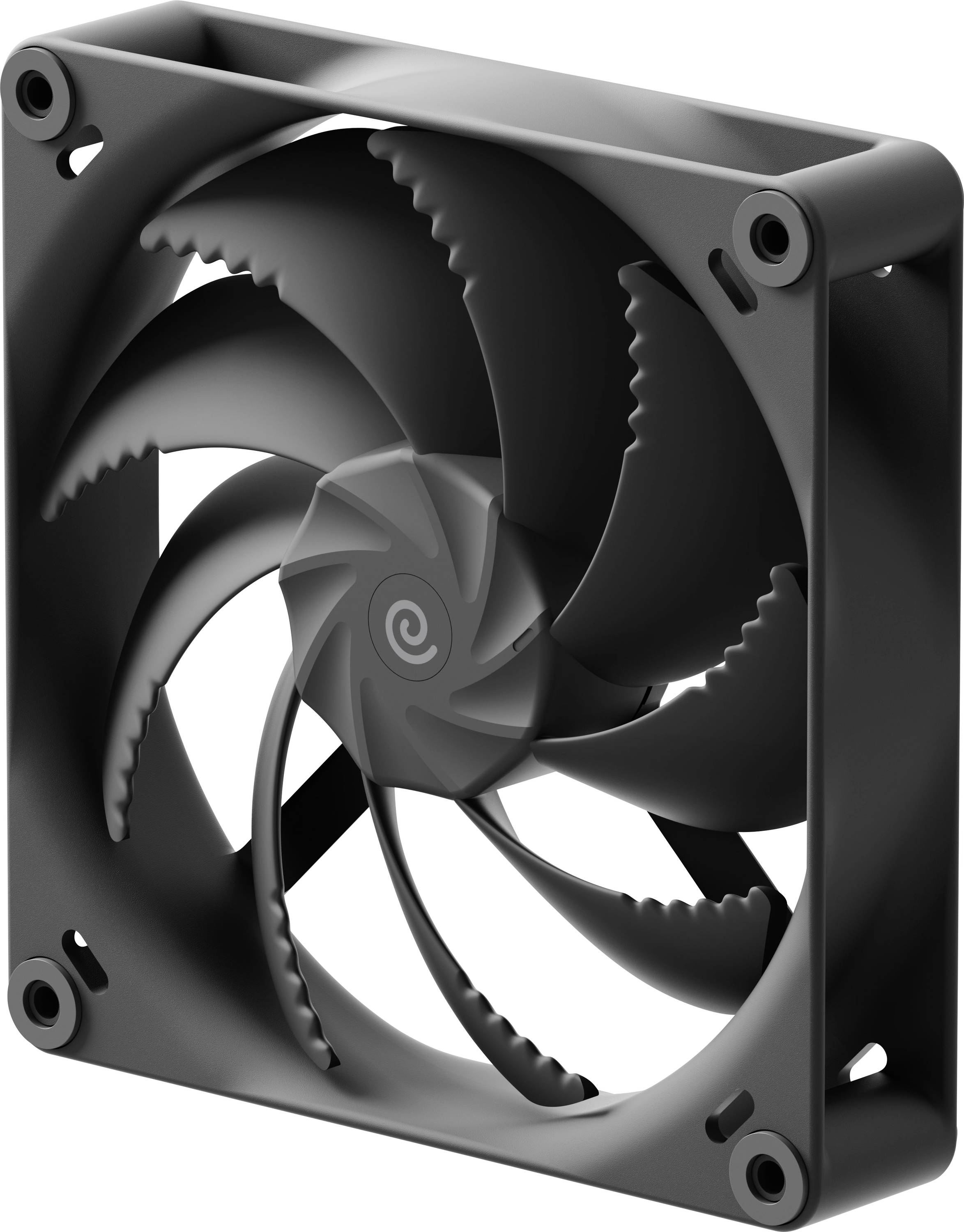 Ein schwarzer, quadratischer Computerlüfter mit Spiraldesign auf den Rotorblättern, ausgestattet mit vier Befestigungslöchern an jeder Ecke zur Installation.