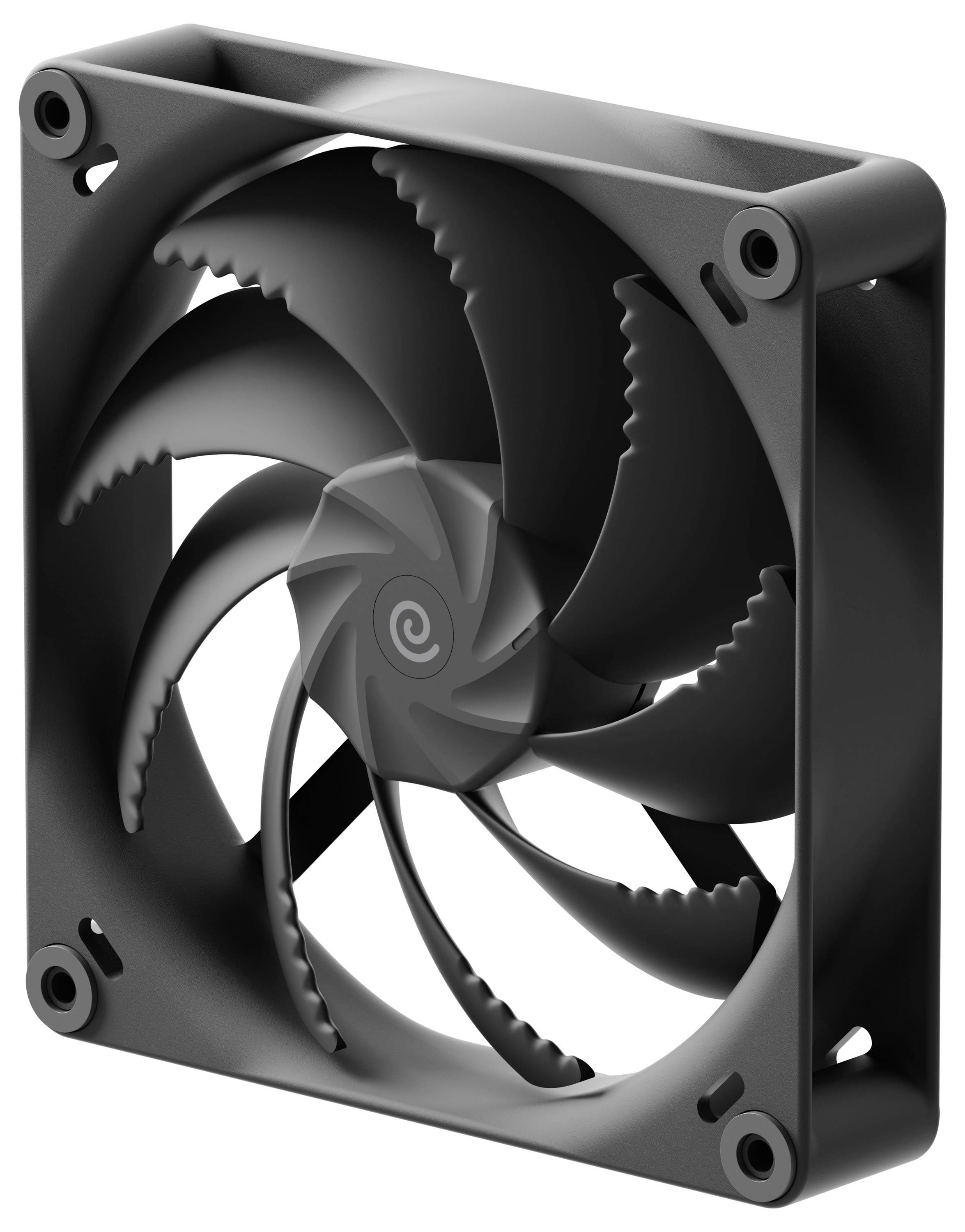 Ein schwarzer Kühlventilator mit quadratischem Rahmen und sieben geschwungenen Schaufeln, konzipiert für elektronische Geräte oder Computer.