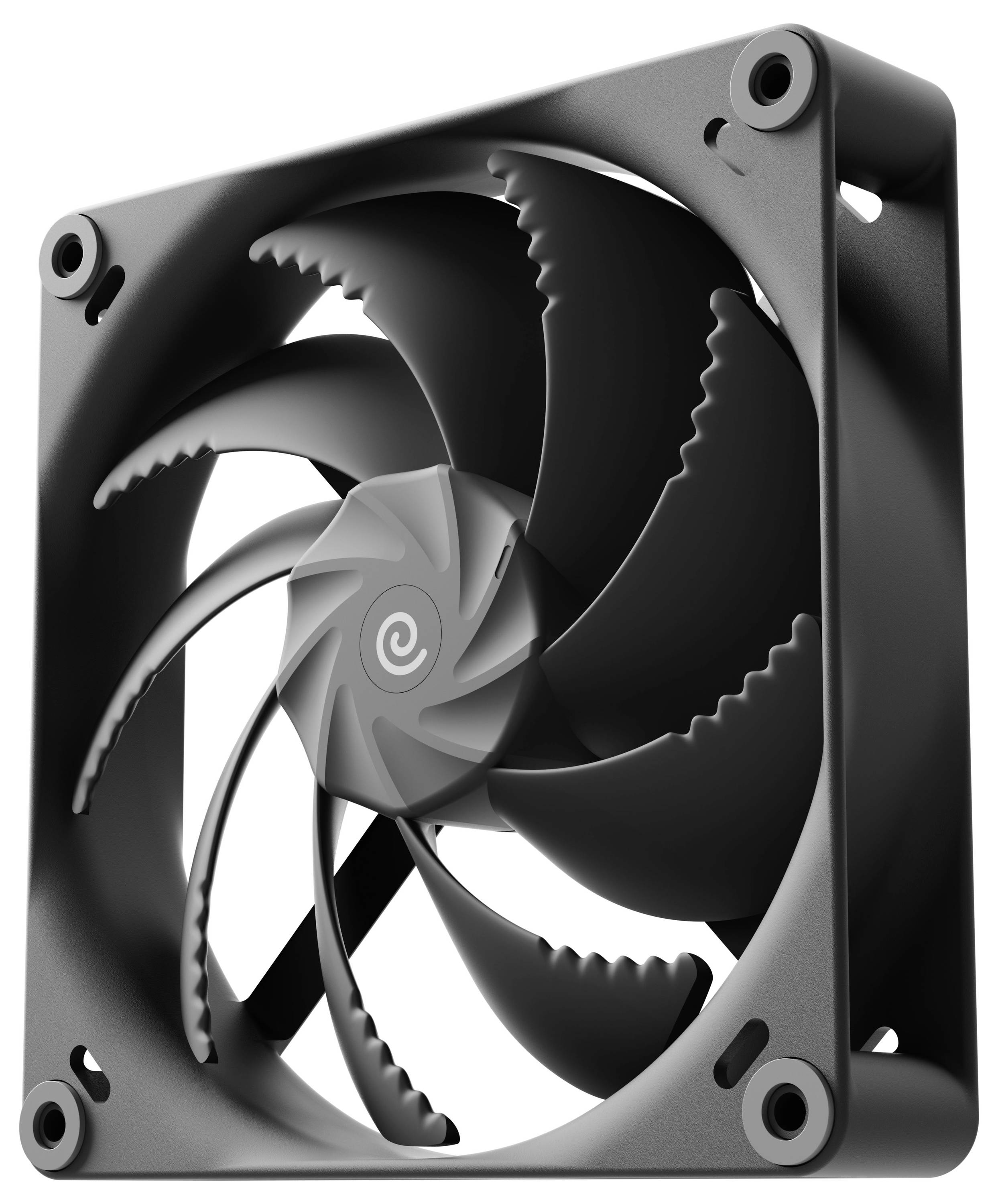Ein schwarzer Computer-Kühlventilator mit einer Spiraldesign-Struktur auf den Lüfterblättern, eingebaut in einen quadratischen Rahmen.