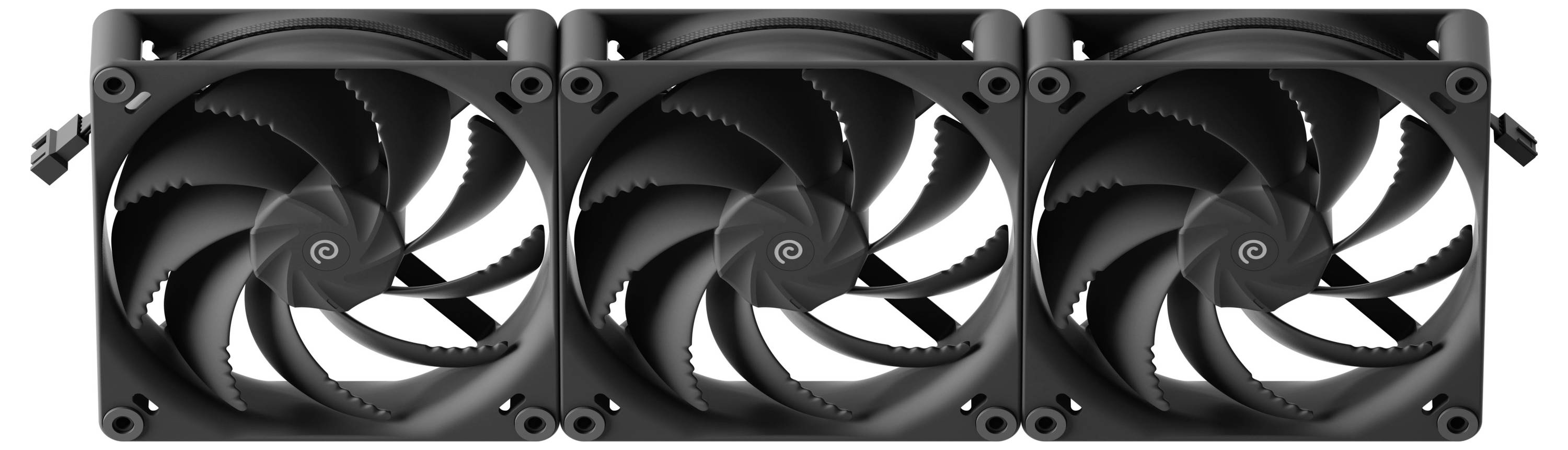 Drei schwarze Computer-Kühlventilatoren nebeneinander in einer horizontalen Reihe angeordnet, jeder mit fünf Rotorblättern, für eine effiziente Luftzirkulation konzipiert.