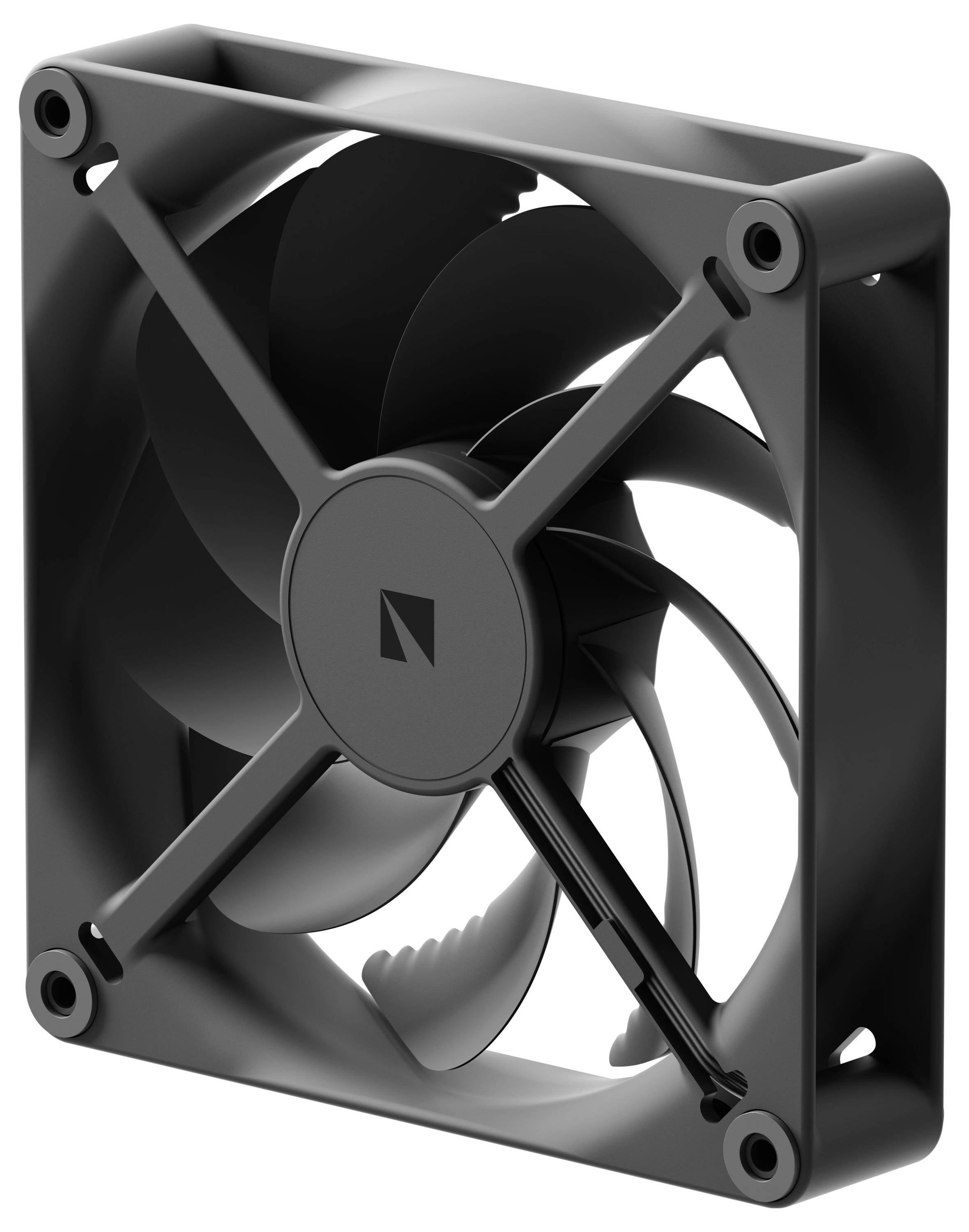 Ein schwarzer Computer-Kühlventilator mit vier Schraublöchern, der entwickelt wurde, um Wärme in elektronischen Geräten abzuleiten.
