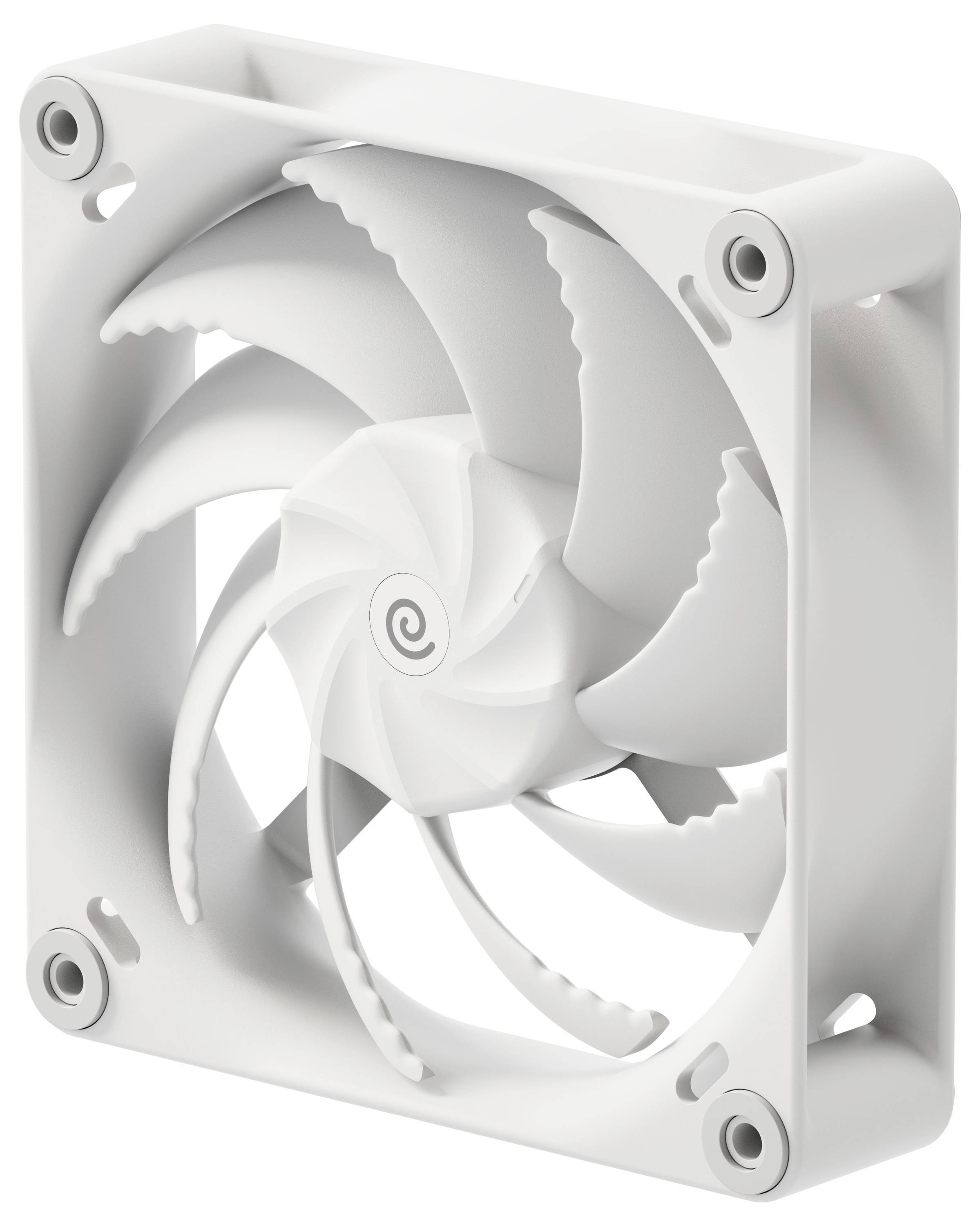 Ein weißer Computer-Kühlventilator mit spiralförmigem Mittelteil, fünf geschwungenen Rotorblättern und vier Befestigungslöchern in den Ecken, entwickelt zur Wärmeableitung.