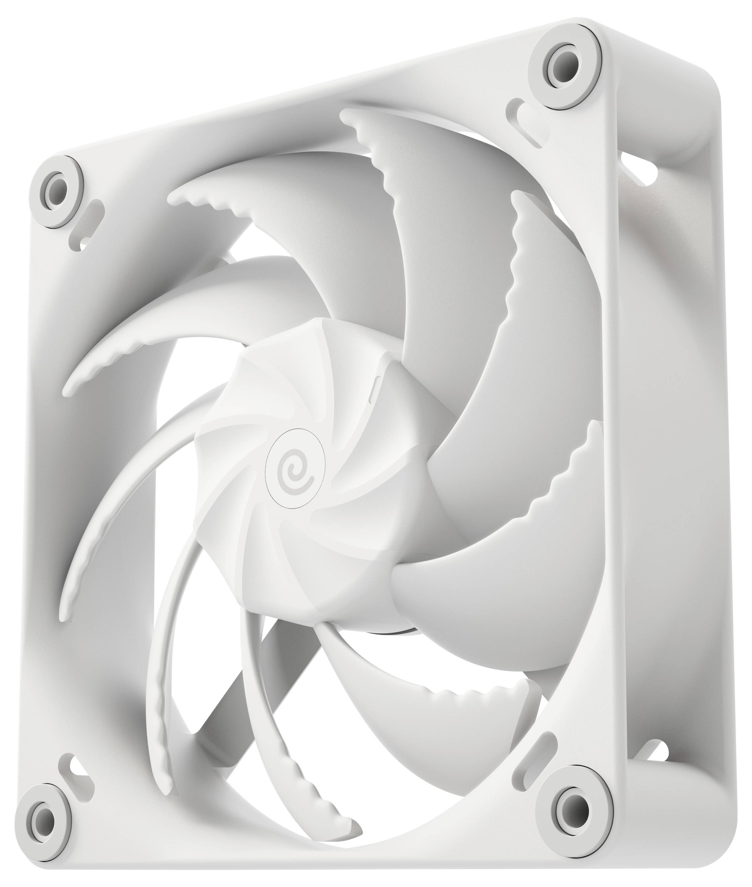 Ein weißer Computer-Kühlventilator mit gekrümmten Rotorblättern, entwickelt zur Verbesserung der Belüftung in elektronischen Geräten.