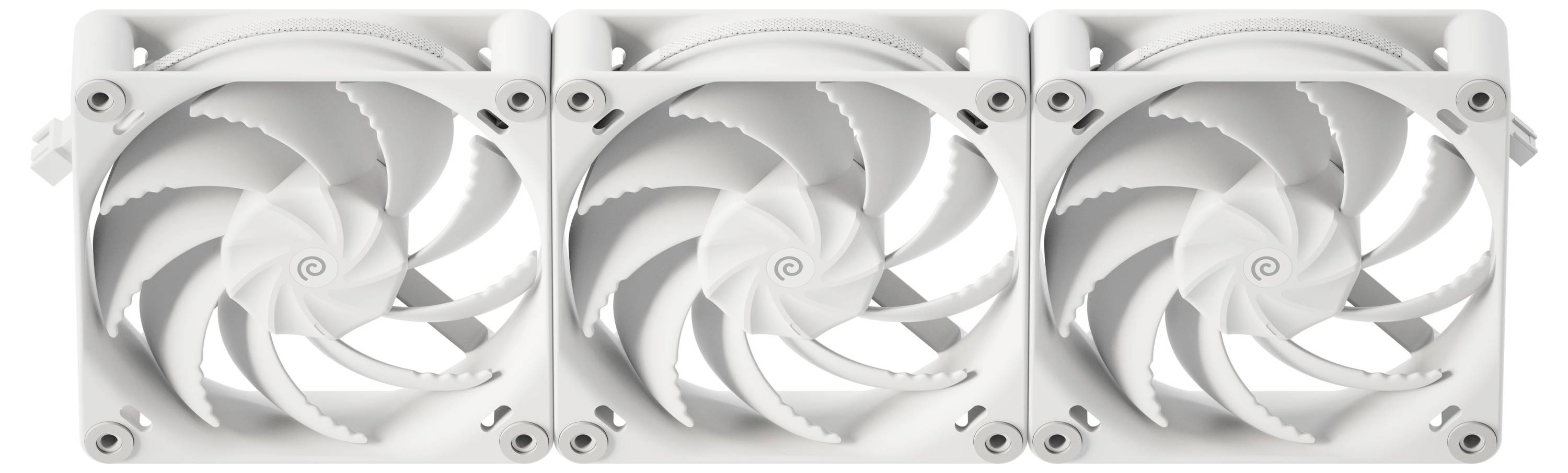 Drei weiße Kühlventilatoren, horizontal in einer Reihe angeordnet, jeweils mit einer Spiralflügelgestaltung in einem quadratischen Rahmen.