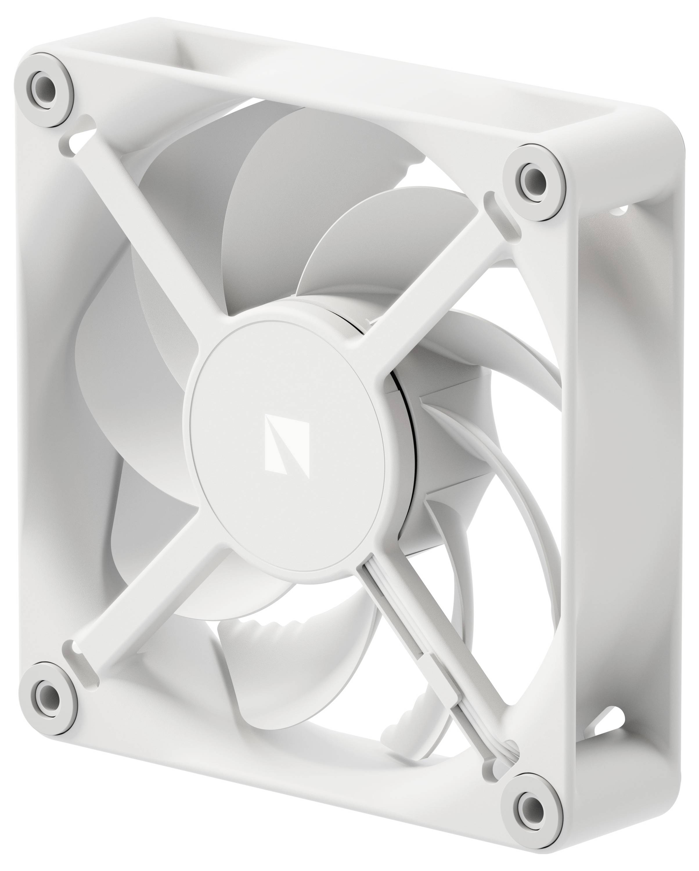 Ein weißer Computer-Kühlventilator mit einem quadratischen Rahmen und vier Befestigungslöchern. Die Flügel sind gekrümmt und für einen effizienten Luftstrom konzipiert.