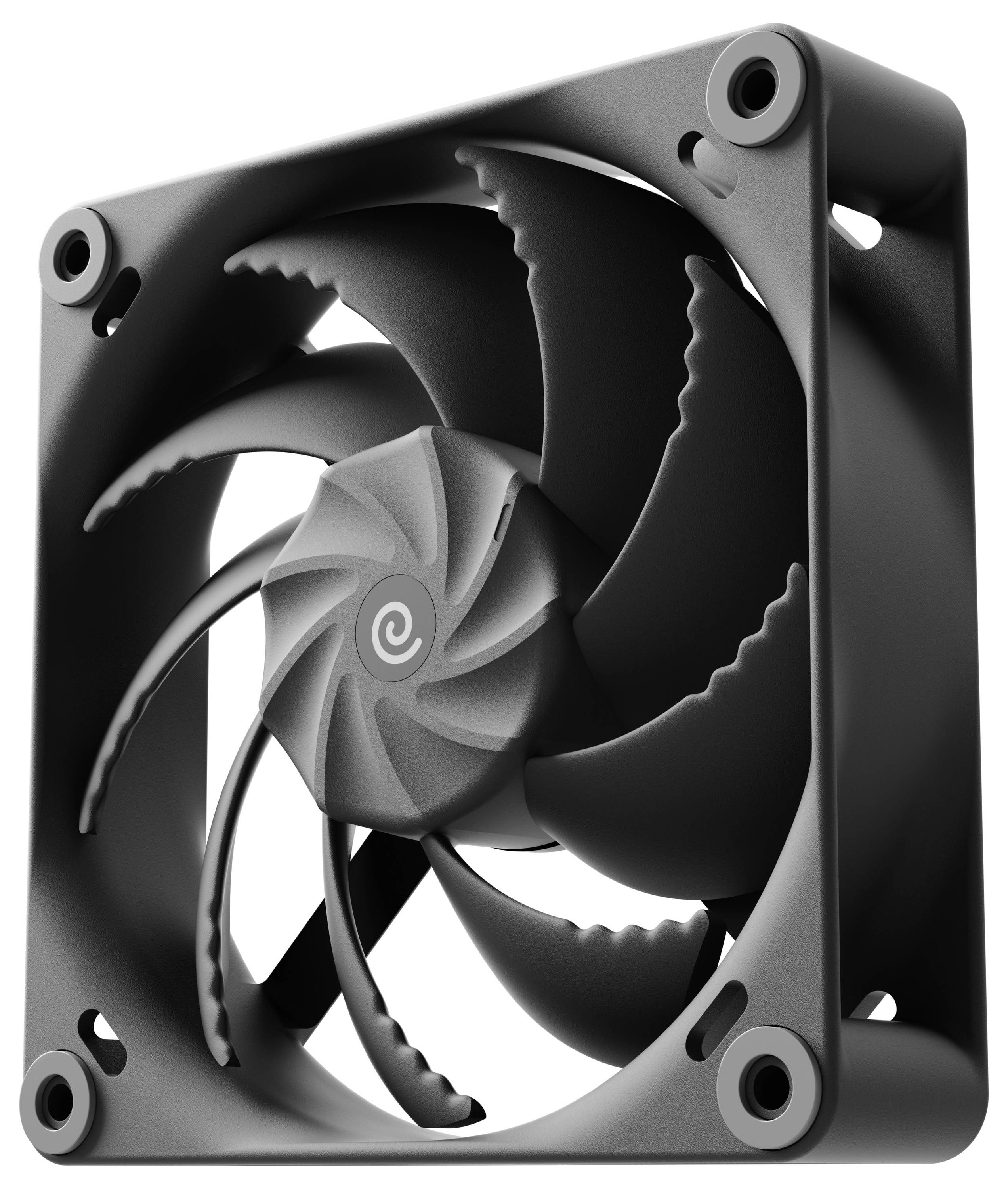 Ein schwarzer quadratischer Computerlüfter mit einem zentralen Spiraldesign und geschwungenen Rotorblättern, der in einem einfachen Rahmen mit vier Löchern in den Ecken zur Befestigung montiert ist.