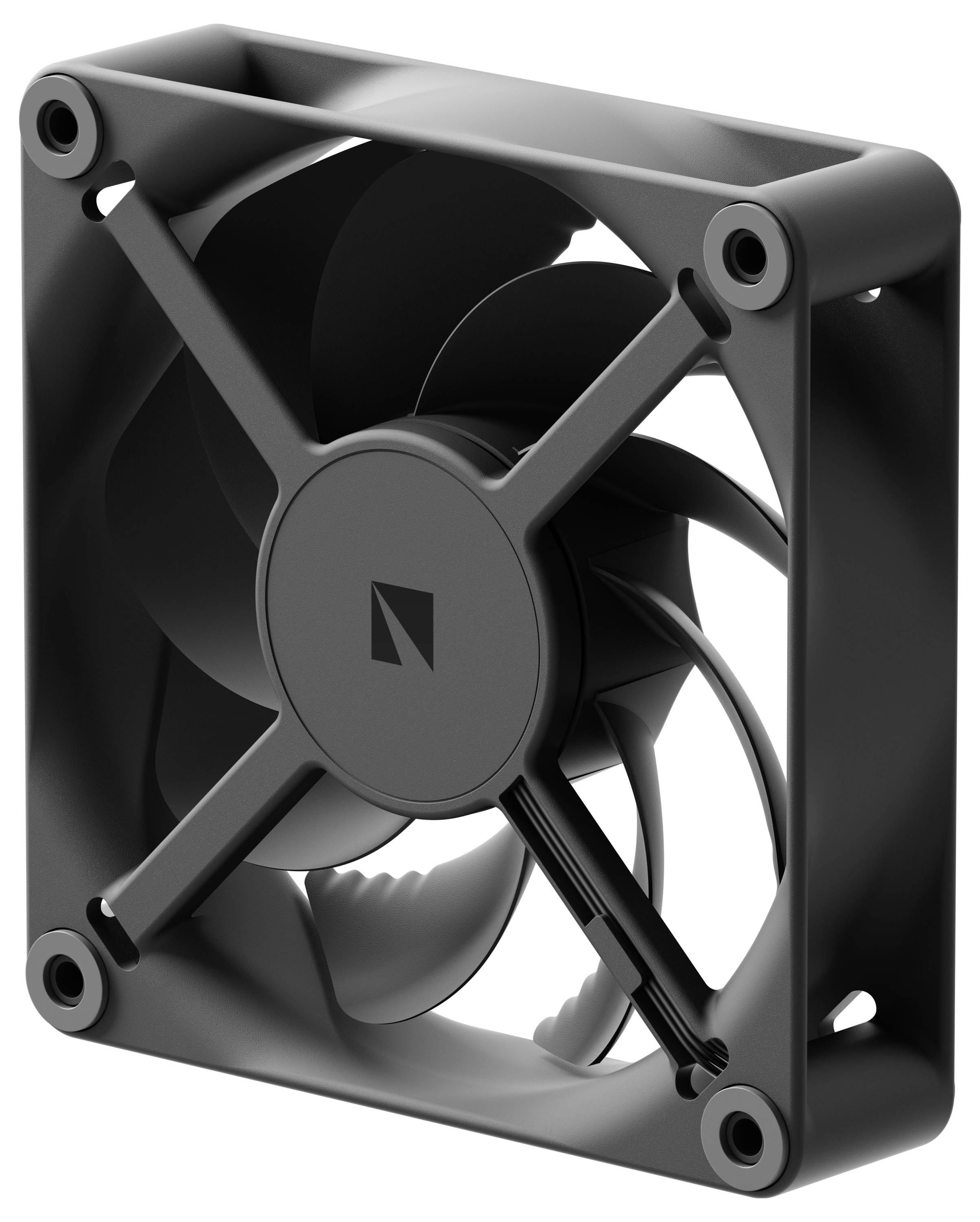 Ein schwarzer, quadratischer Computerlüfter mit fünf Rotorblättern, der in einen Kunststoffrahmen eingebaut ist und einen zentralen kreisrunden Naben mit Logo aufweist.