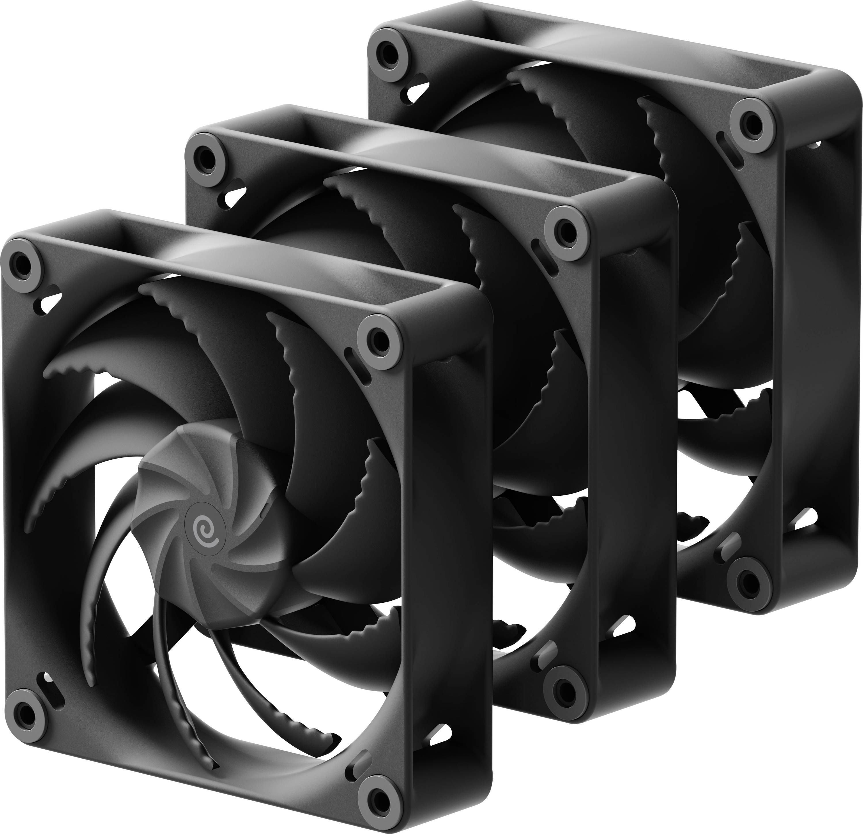 Drei schwarze Computerkühllüfter in einer Reihe angeordnet, die ihre Rotorblätter und Rahmen zeigen.