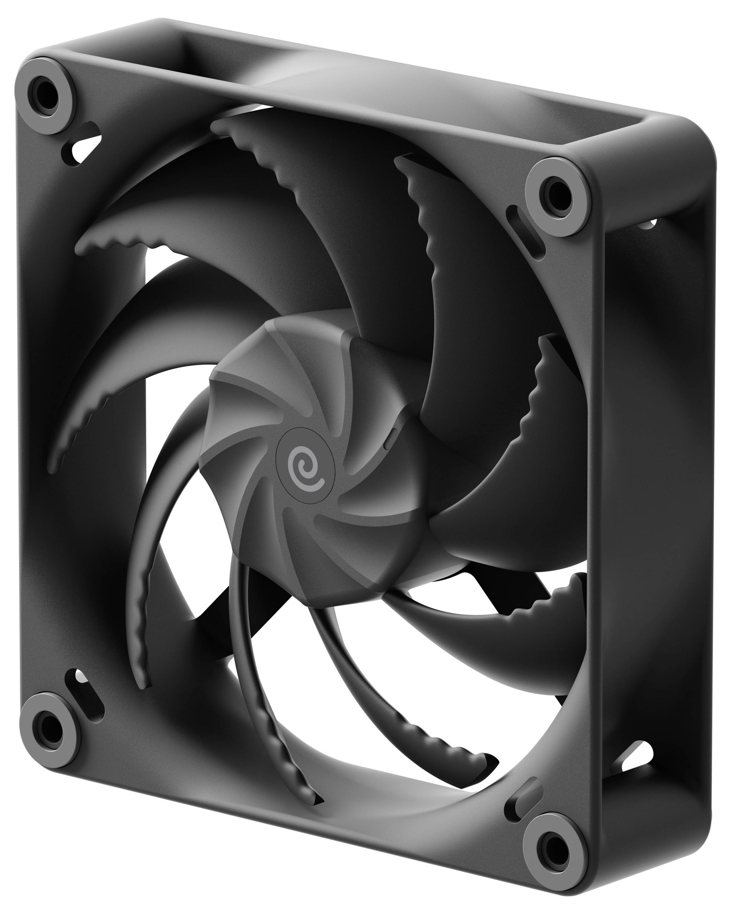 Ein schwarzer Computer-Kühlventilator mit einer Spiraldesign-Struktur auf den Rotorblättern, eingebaut in einen quadratischen Rahmen mit vier Befestigungslöchern zur Installation.