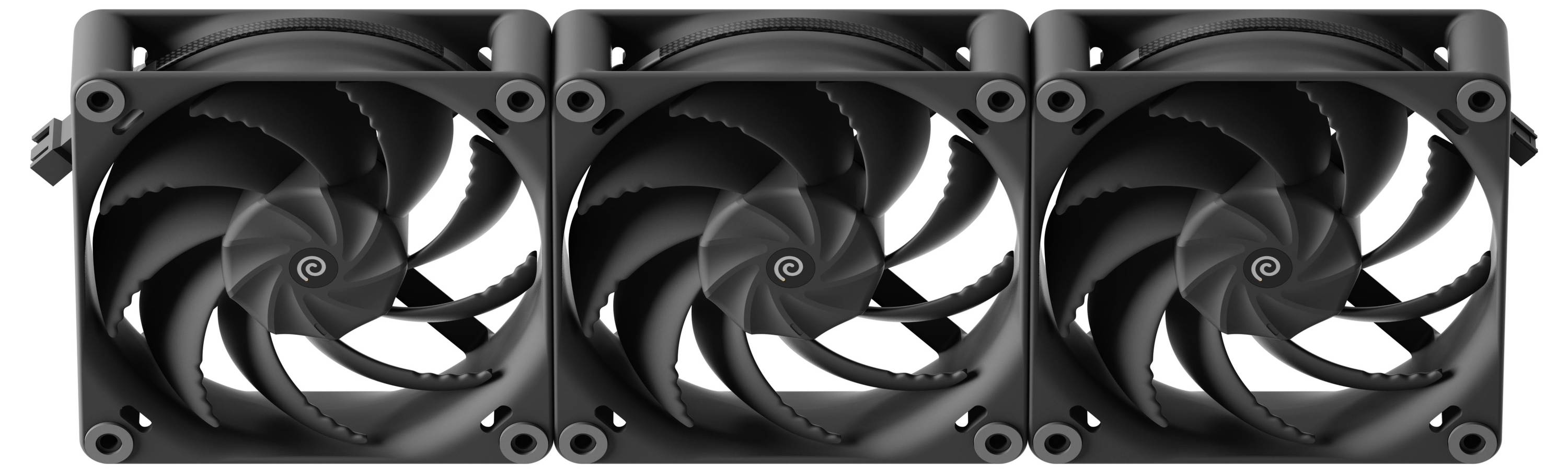 Drei schwarze Computer-Kühlventilatoren in einer Reihe angeordnet, jeder mit einer Spiralblattgestaltung, in identischen quadratischen Rahmen montiert.