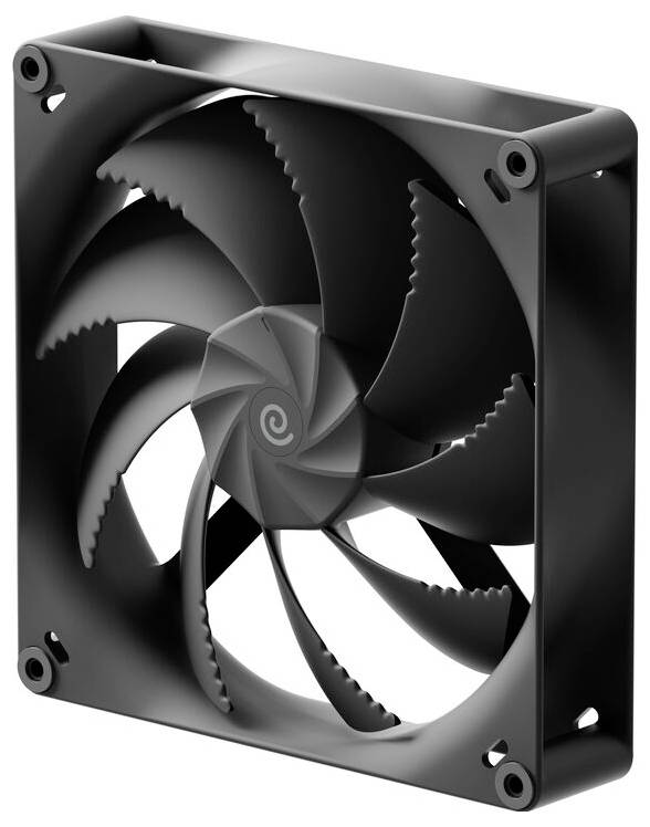 Ein schwarzer und silberner Computer-Kühlventilator mit einer Spiraldesign-Struktur auf den Rotorblättern, aus einem Winkel betrachtet, der seinen Rahmen und Befestigungslöcher zeigt.