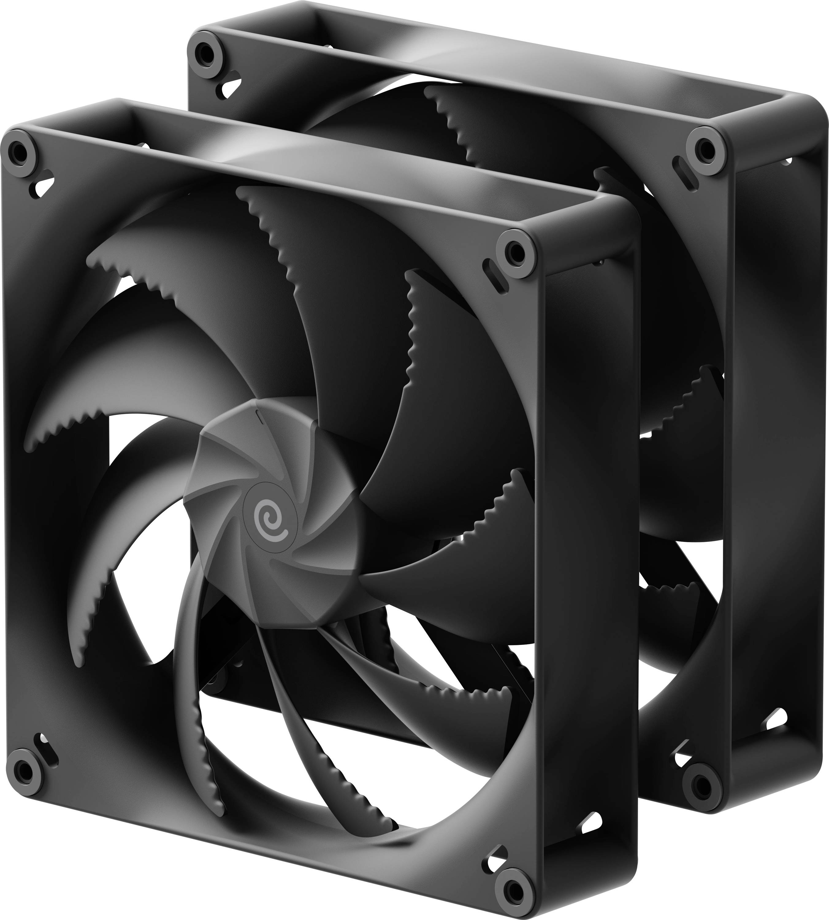 Zwei schwarze Kühlventilatoren mit einem Spirallogo, die mehrere Flügel für einen optimalen Luftstrom in elektronischen Geräten aufweisen.