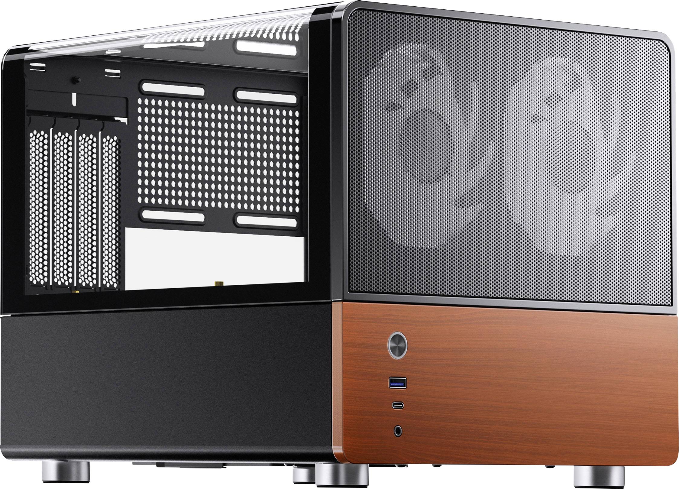 Ein modernes, kompaktes Computergehäuse mit einer Mesh-Frontplatte mit Platz für zwei Lüfter und einem charakteristischen Holzstruktur-Unterteil.