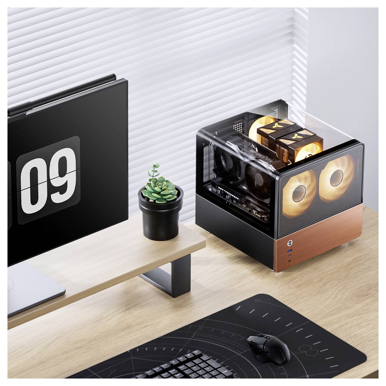 Ein modernes, minimalistisches Schreibtisch-Setup zeigt einen würfelförmigen Computer-Turm mit orange beleuchteten Kühlventilatoren, eine Tastatur, eine Maus und eine digitale Uhr, die „09