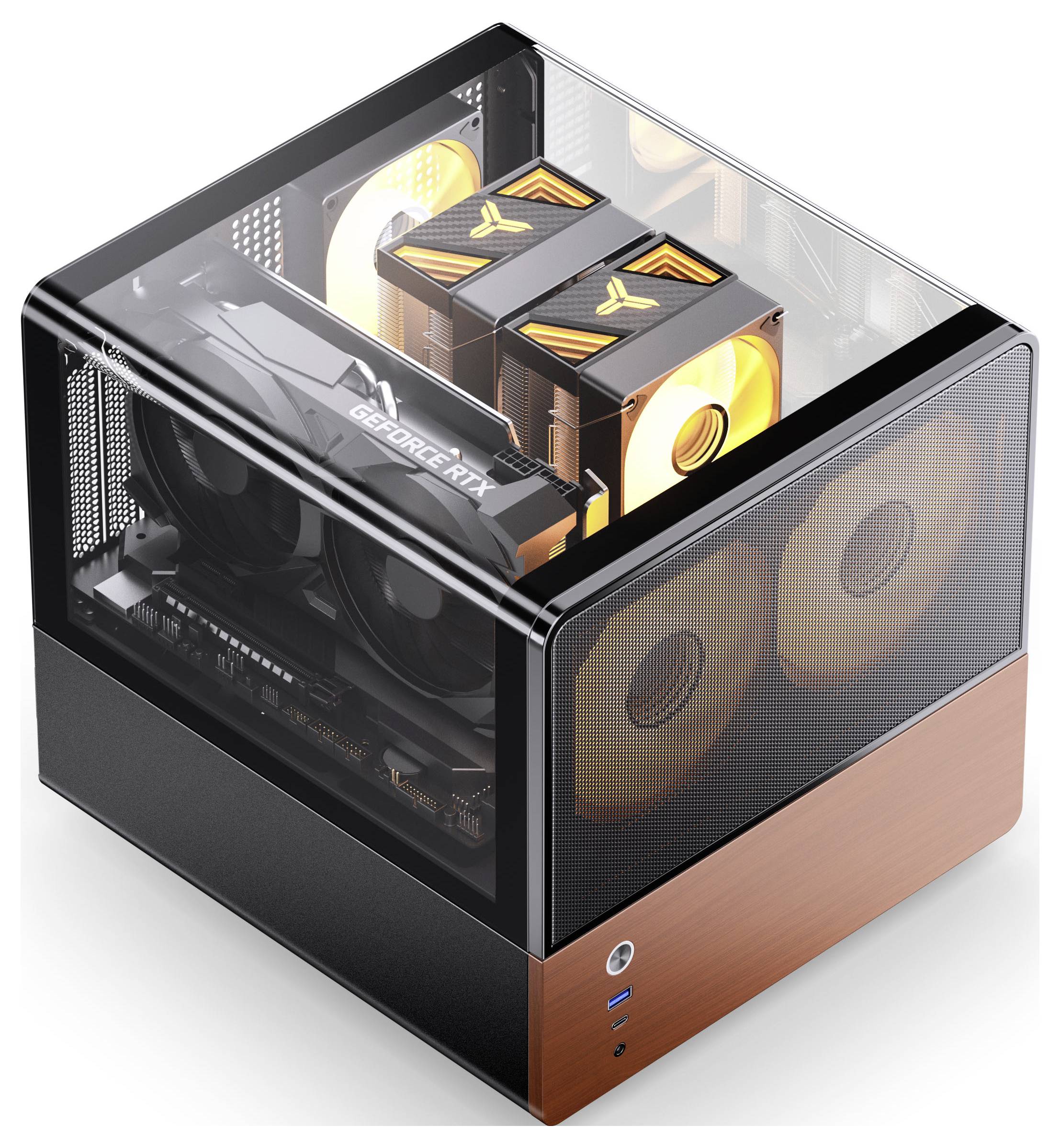 Innenseite eines Computergehäuses mit einer MSI Aero Grafikkarte und einer 10TB WD Black Festplatte, die Seite an Seite montiert sind.