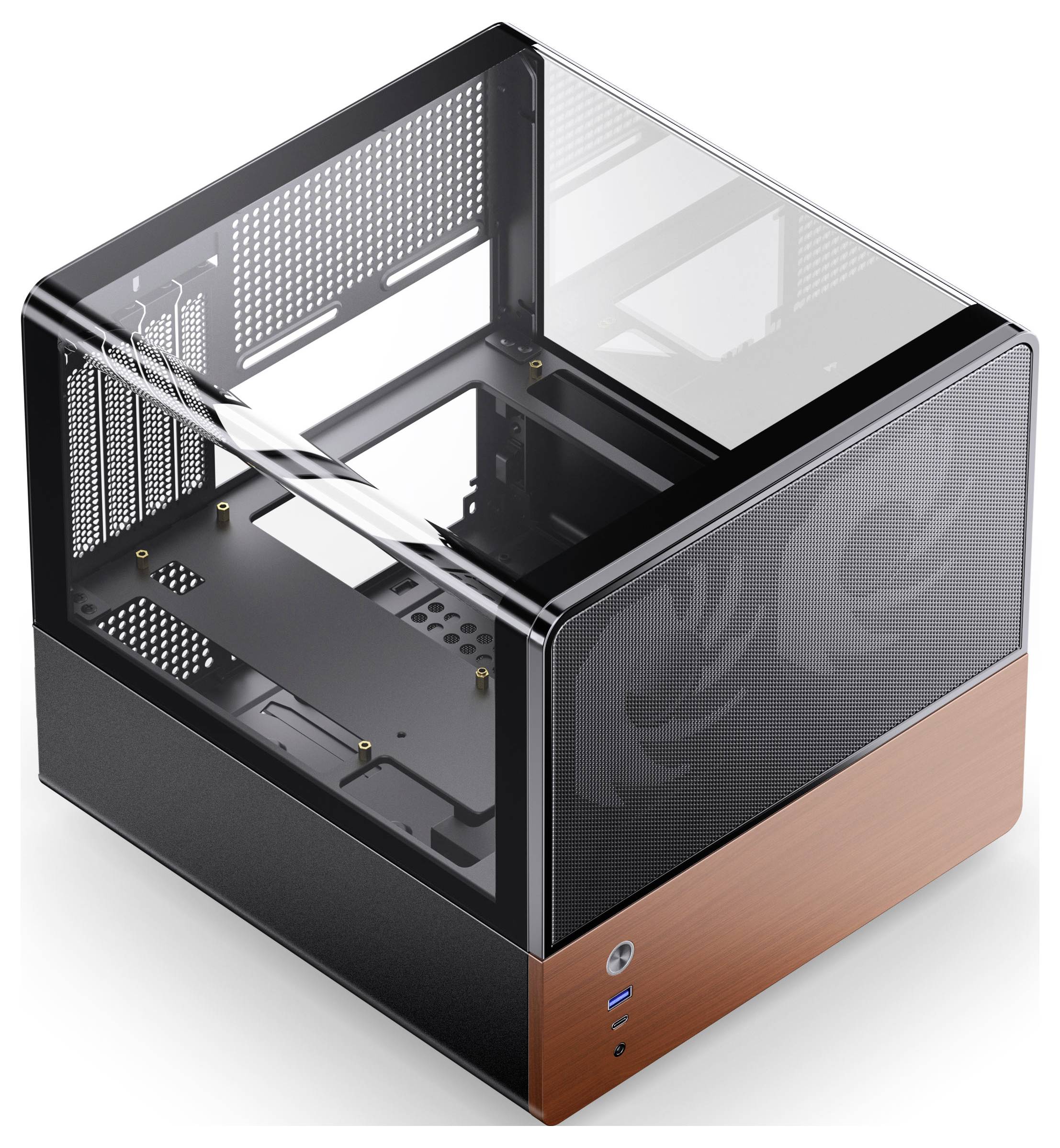 Ein eleganter, schwarzer Computer-Turm mit einem transparenten Seitenpanel, das drei interne Lüfter mit farbigen LED-Lichtern präsentiert.