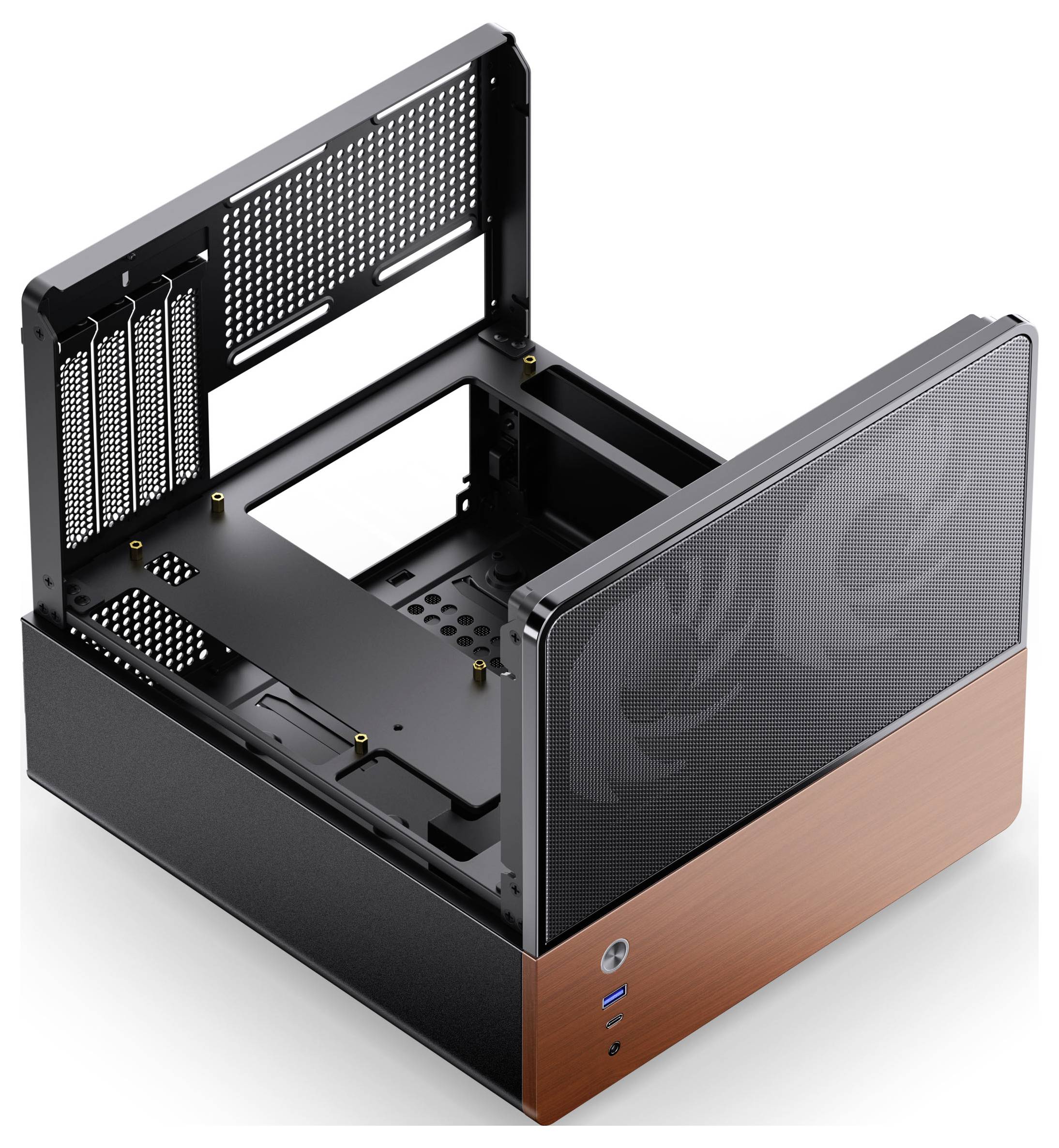Ein Desktop-Computergehäuse mit offener Oberseite, das die innere Struktur und Befestigungspunkte des Motherboards zeigt. Die Frontplatte hat eine Holzoptik und zwei USB-Anschlüsse.