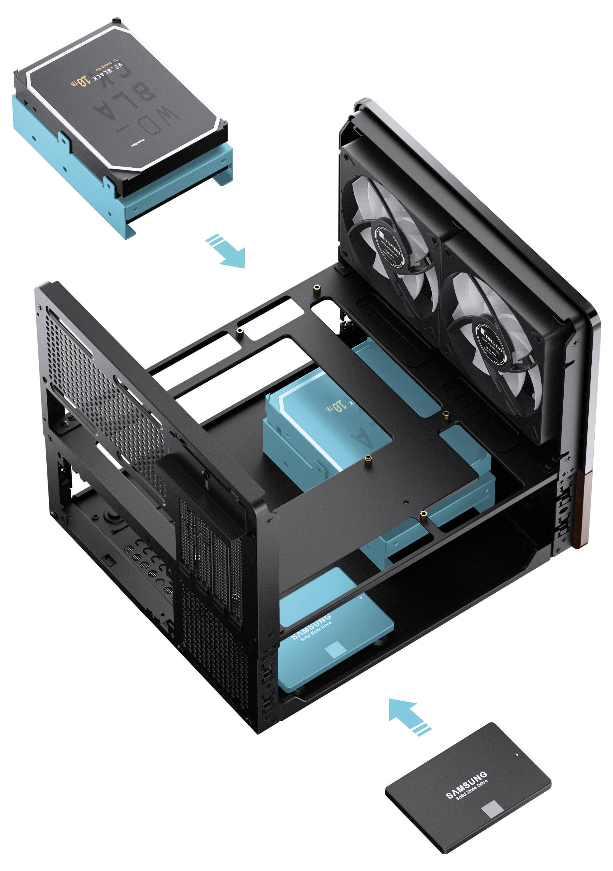 Ein weißer Computer-Kühlventilator mit sieben Blättern, von oben betrachtet, umrahmt von einem quadratischen Gehäuse, konzipiert für effiziente Kühlsysteme.