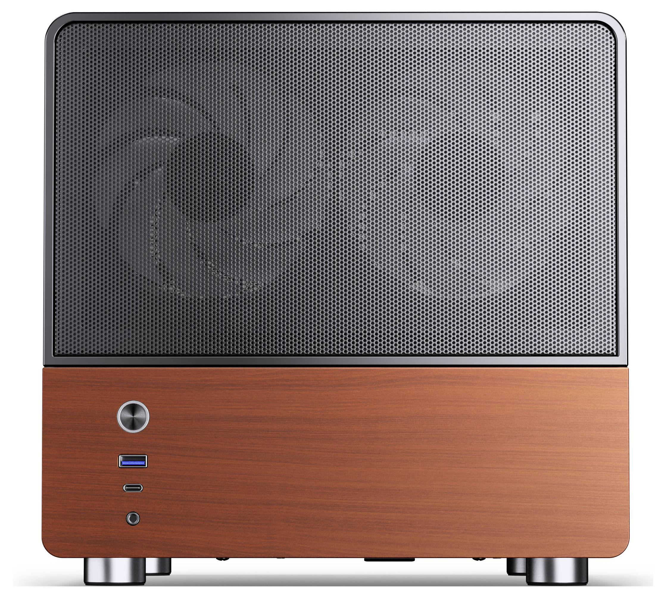 Ein kompaktes Computergehäuse mit einer Holzbodenpaneel und einem schwarzen perforierten oberen Bereich. Es umfasst einen Netzschalter und USB-Anschlüsse.