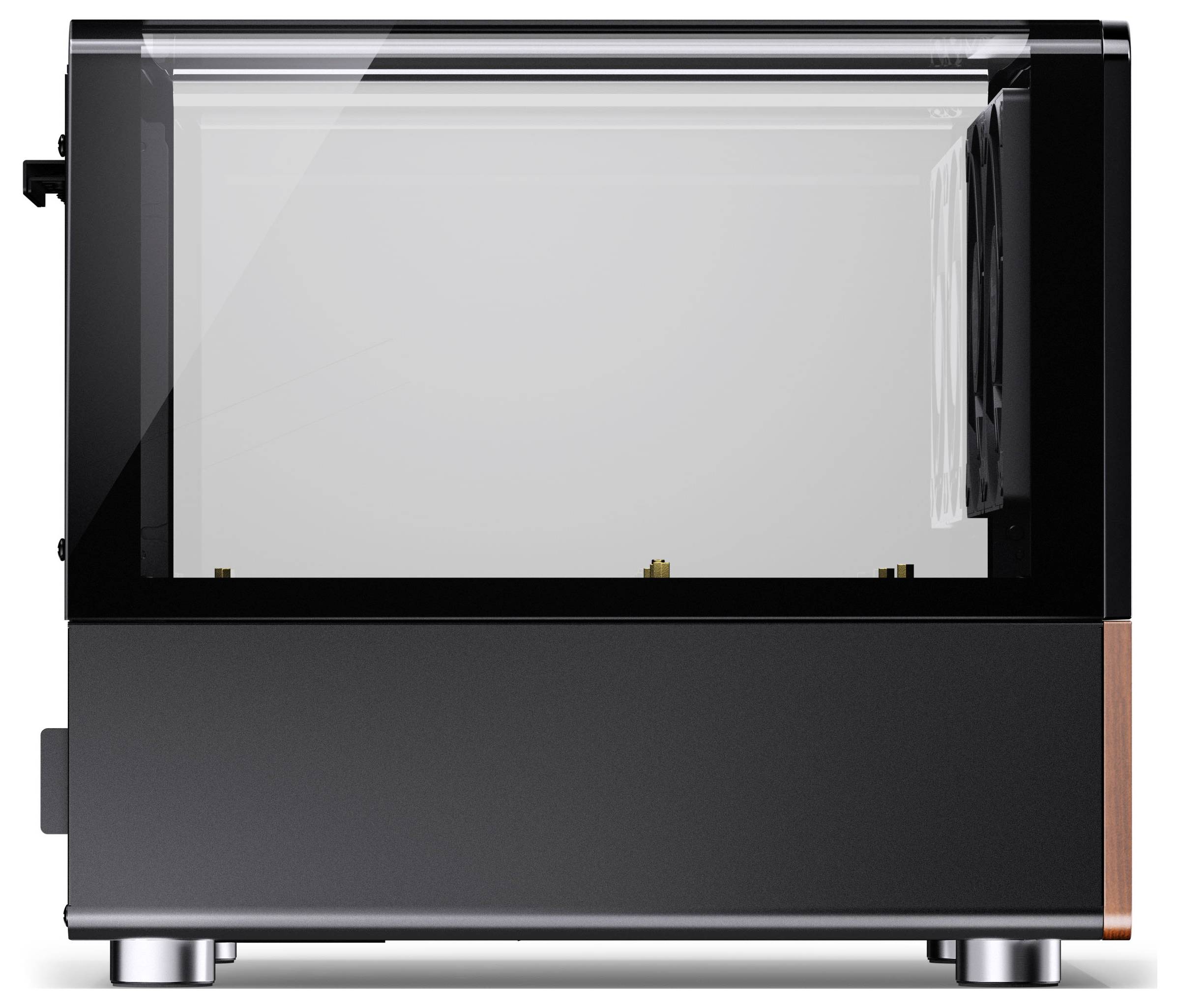 Ein schlankes, modernes Desktop-Computergehäuse mit einem transparenten Seitenpanel, das die internen Metallkompartimente und Komponentenfächer zeigt.