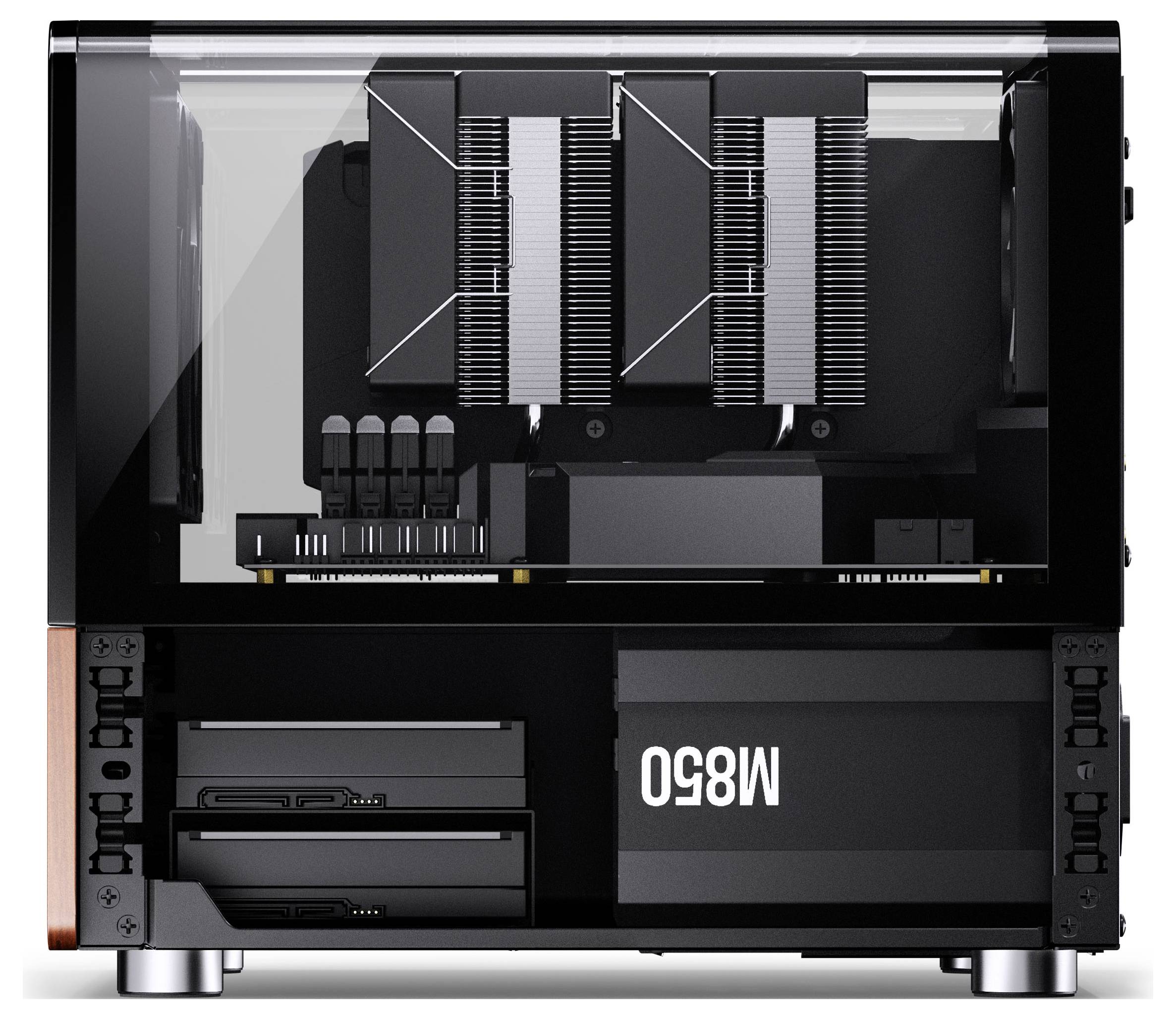 Ein modernes Desktop-Computer-Setup zeigt einen PC mit sichtbaren Kühlungslüftern, eine Tastatur, eine Maus und einen Monitor, der eine digitale Uhr anzeigt.