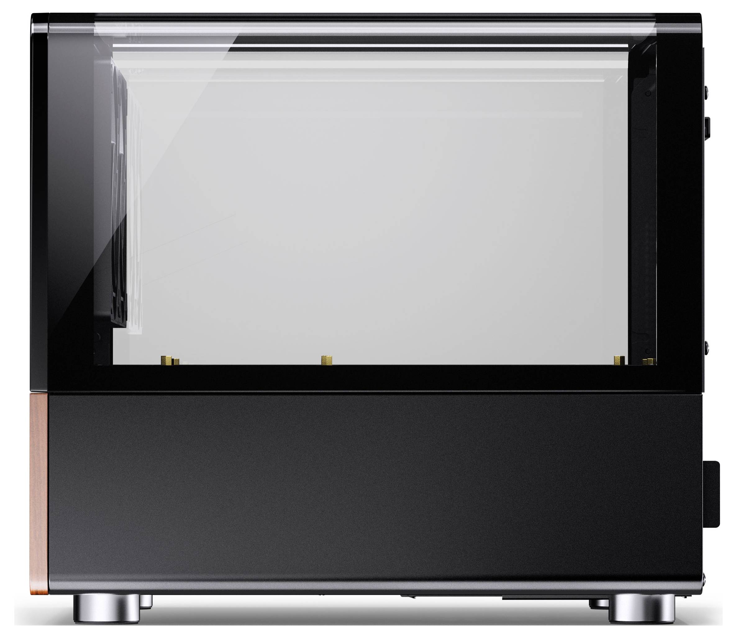 Ein kompaktes, schwarzes Computergehäuse mit transparenter Seitenwand, das ein minimalistisches Design und metallische Akzente zur Schau stellt.