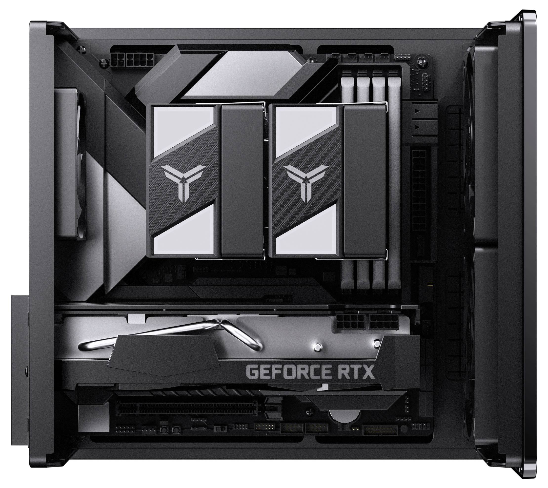 Ein leistungsstarker Computer-Setup mit einer GeForce RTX Grafikkarte und einem ausgefeilten Kühlsystem in einem modernen Gehäuse.