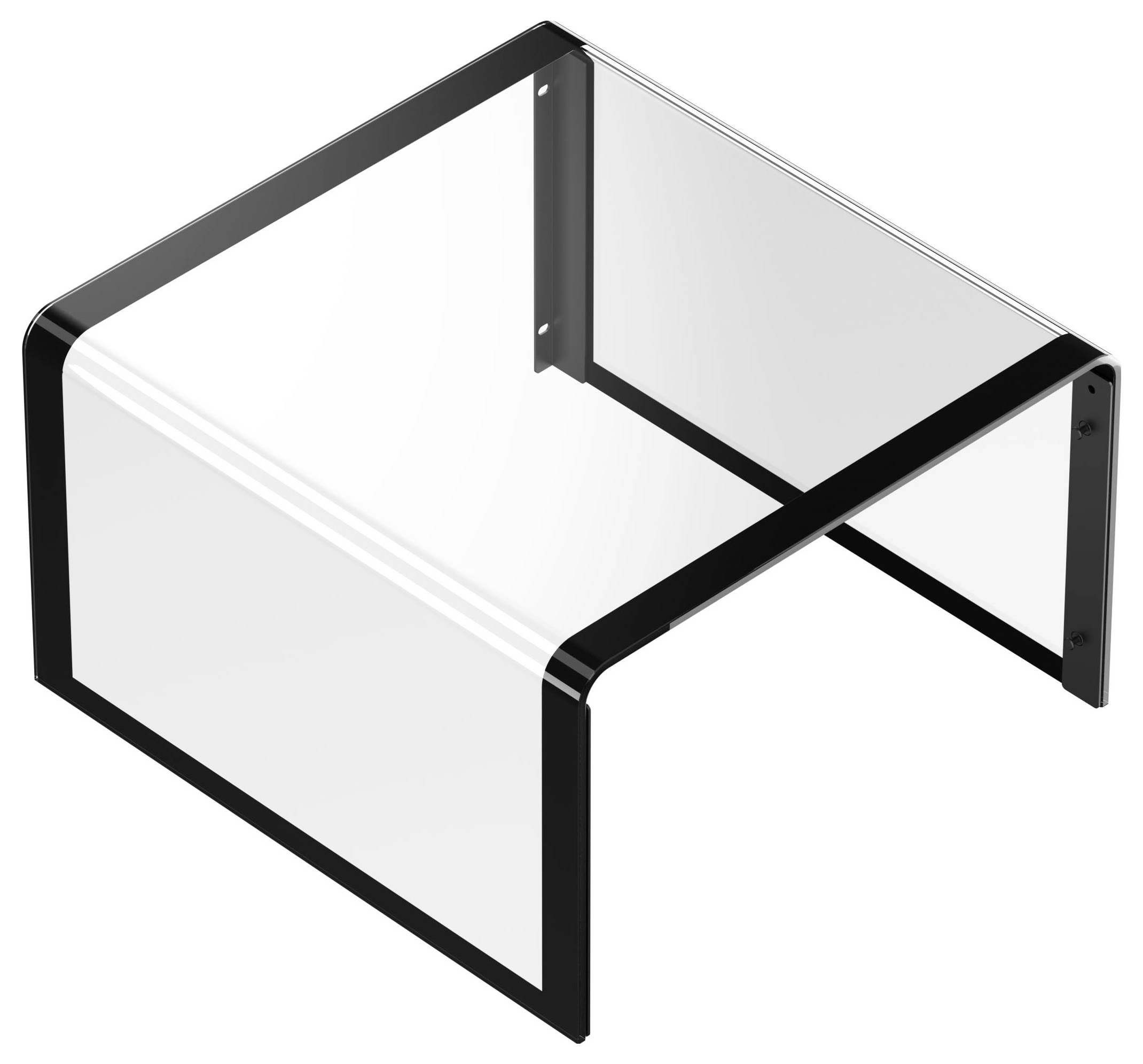 Transparente Polycarbonatwinkelhalterung mit schwarzer Kante, konzipiert für die Regalstützung im rechten Winkel.