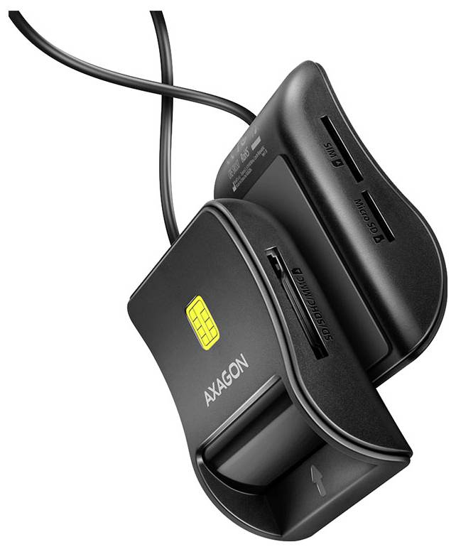 Ein schwarzer AXAGON SIM- und Kartenleser mit Steckplätzen für SD-, microSD- und SIM-Karten, verbunden durch ein Kabel, auf weißem Hintergrund.