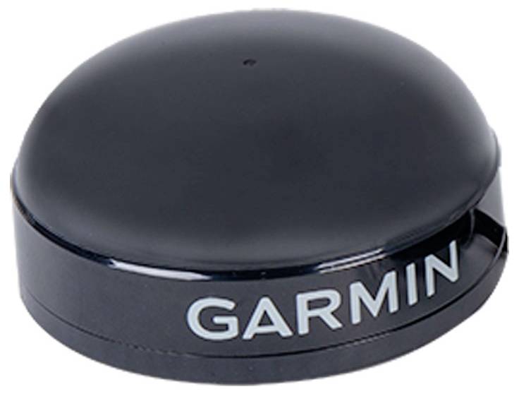Eine schwarze Garmin GPS-Antenne mit abgerundeter Oberseite, auf deren Seite das Garmin-Logo angebracht ist.