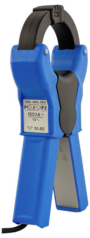 „Eine blaue elektrische Zangenstrommessgerät, konzipiert zur Messung von Strom, mit Beschriftungen für Frequenzbereich, Stromstärke und anderen Spezifikationen.