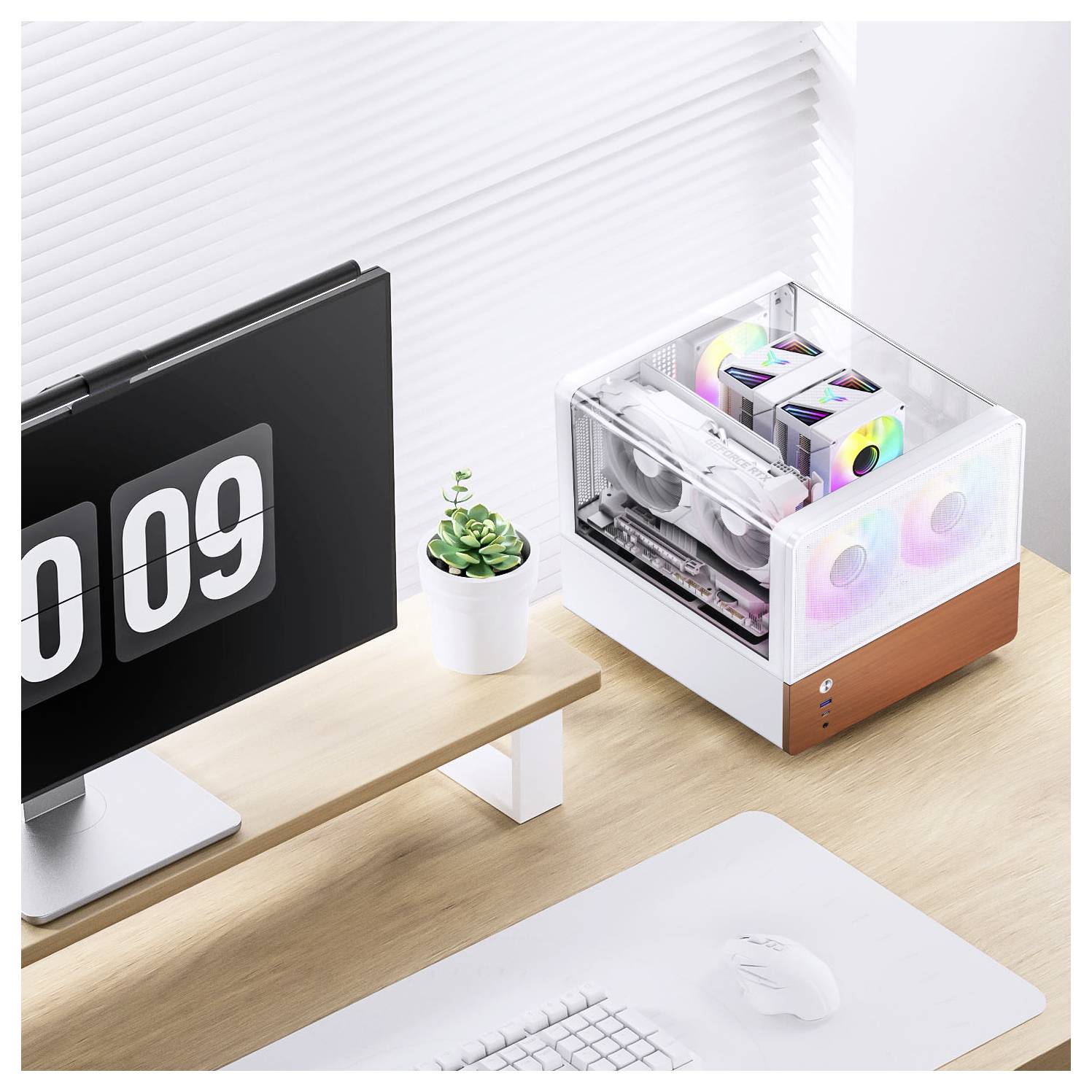 Ein modernes Schreibtischsetup mit einem Computer auf einem Holz-Monitorständer, digitaler Uhr und einem transparenten Computer-Gehäuse mit RGB-Beleuchtung.