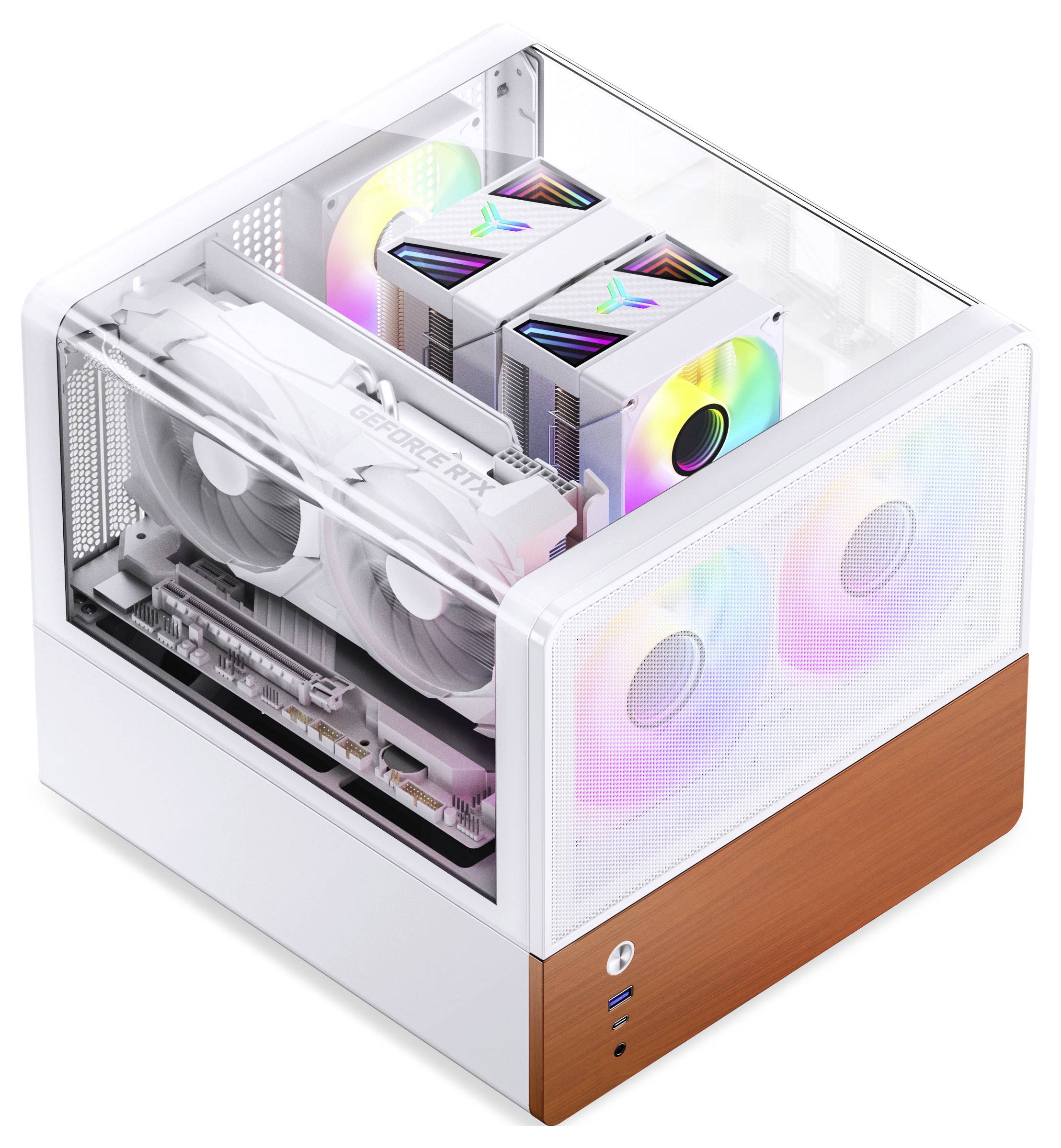 Ein kompaktes Computergehäuse in Weiß mit Holzmaserung, seitlichen Lüftern und einem oberen Fenster, das eine weiße Grafikkarte und RGB-beleuchtete Komponenten zeigt.