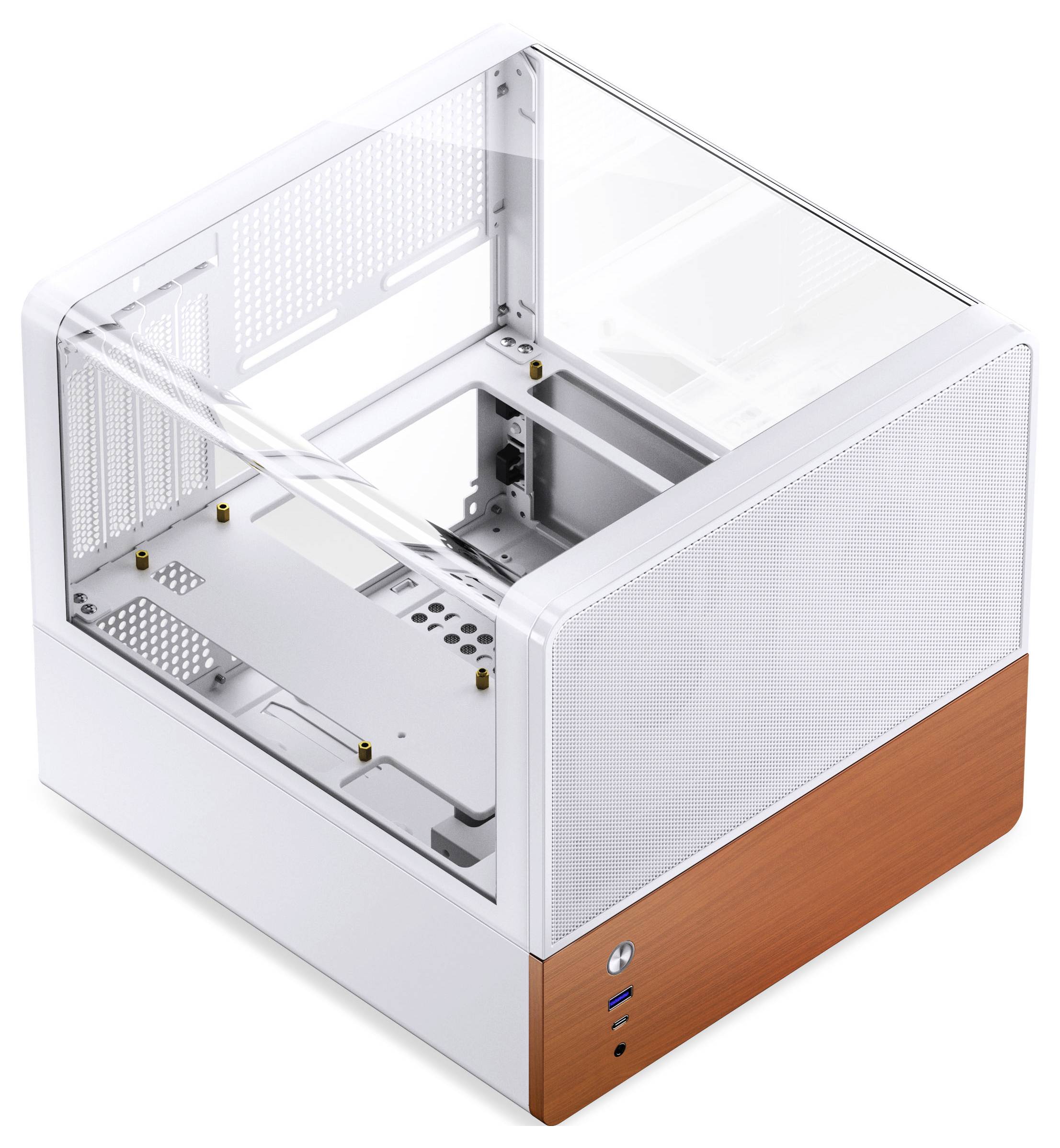 Ein modernes, kompaktes Computergehäuse mit transparentem Deckel und Holzverkleidungen. Verfügt über USB-Anschlüsse und einen Netzschalter an der Vorderseite.