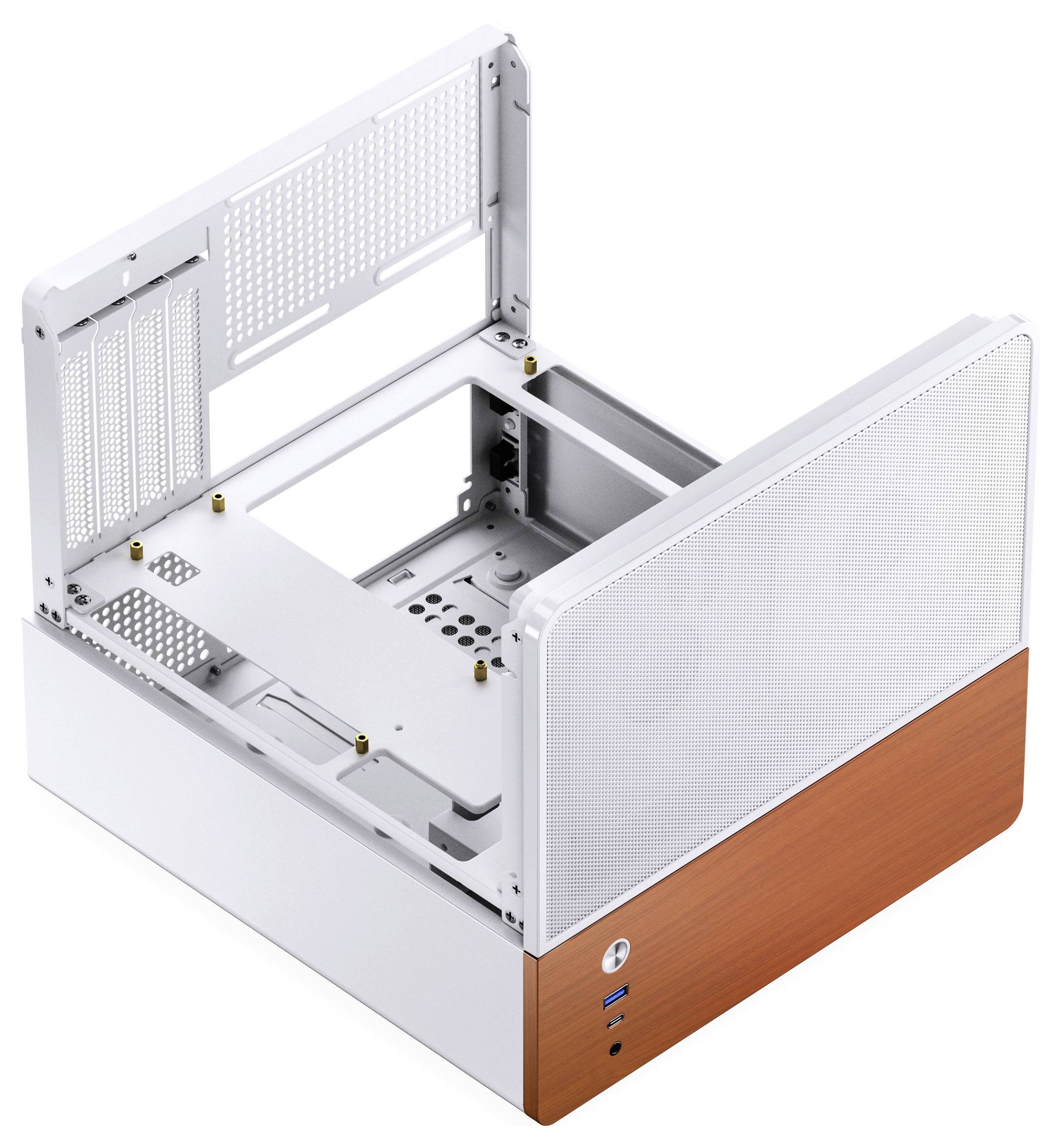 Ein offenes Computergehäuse wird gezeigt, das ein minimalistisches Design mit weiß-braunem Holzton aufweist und Steckplätze für Komponenten hervorhebt.